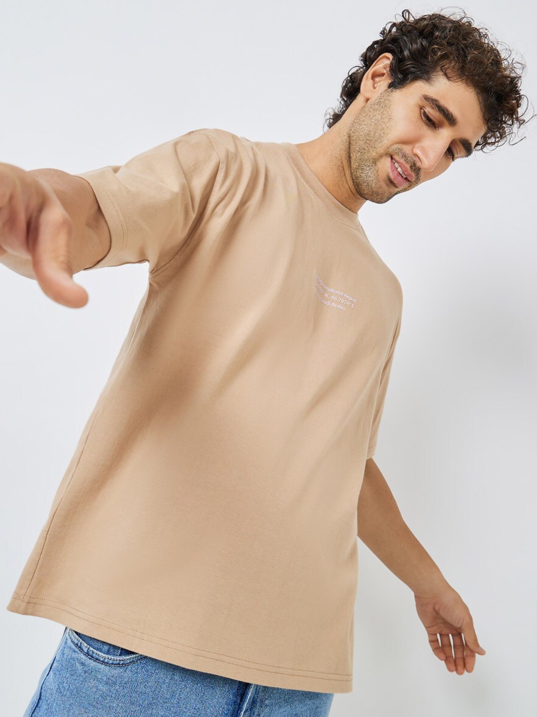 

Styli Beige Typography Printed Round Neck Cotton Oversized T-shirt
