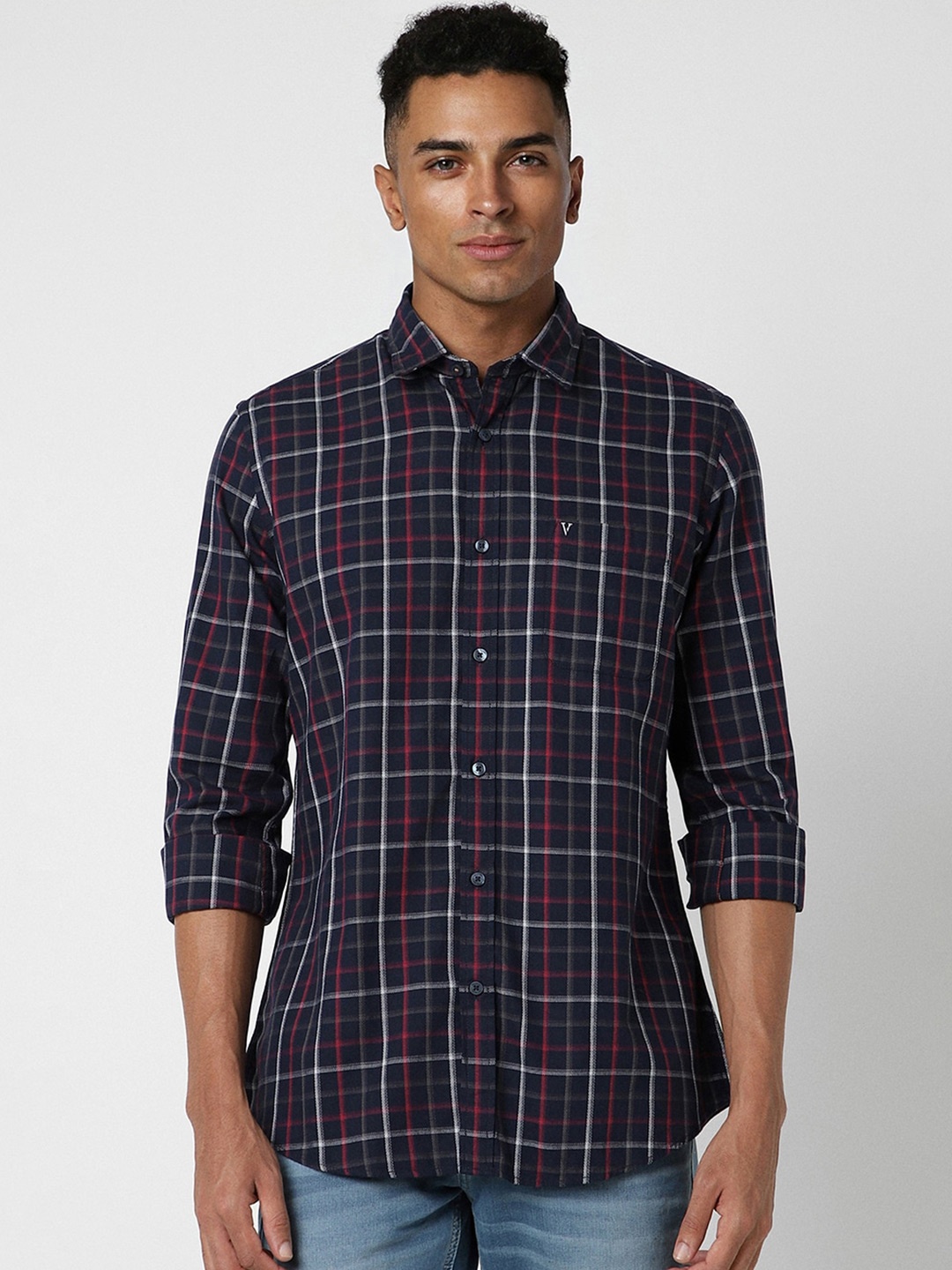 

Van Heusen Sport Slim Fit Checked Pure Cotton Casual Shirt, Navy blue