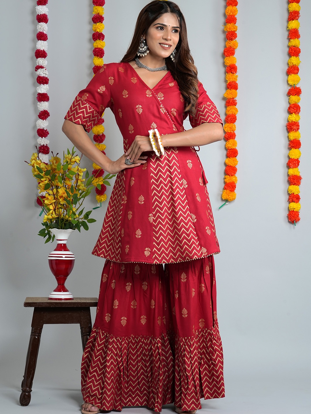 

HERE&NOW Ethnic Motifs Printed Tiered Kurta with Sharara, Red