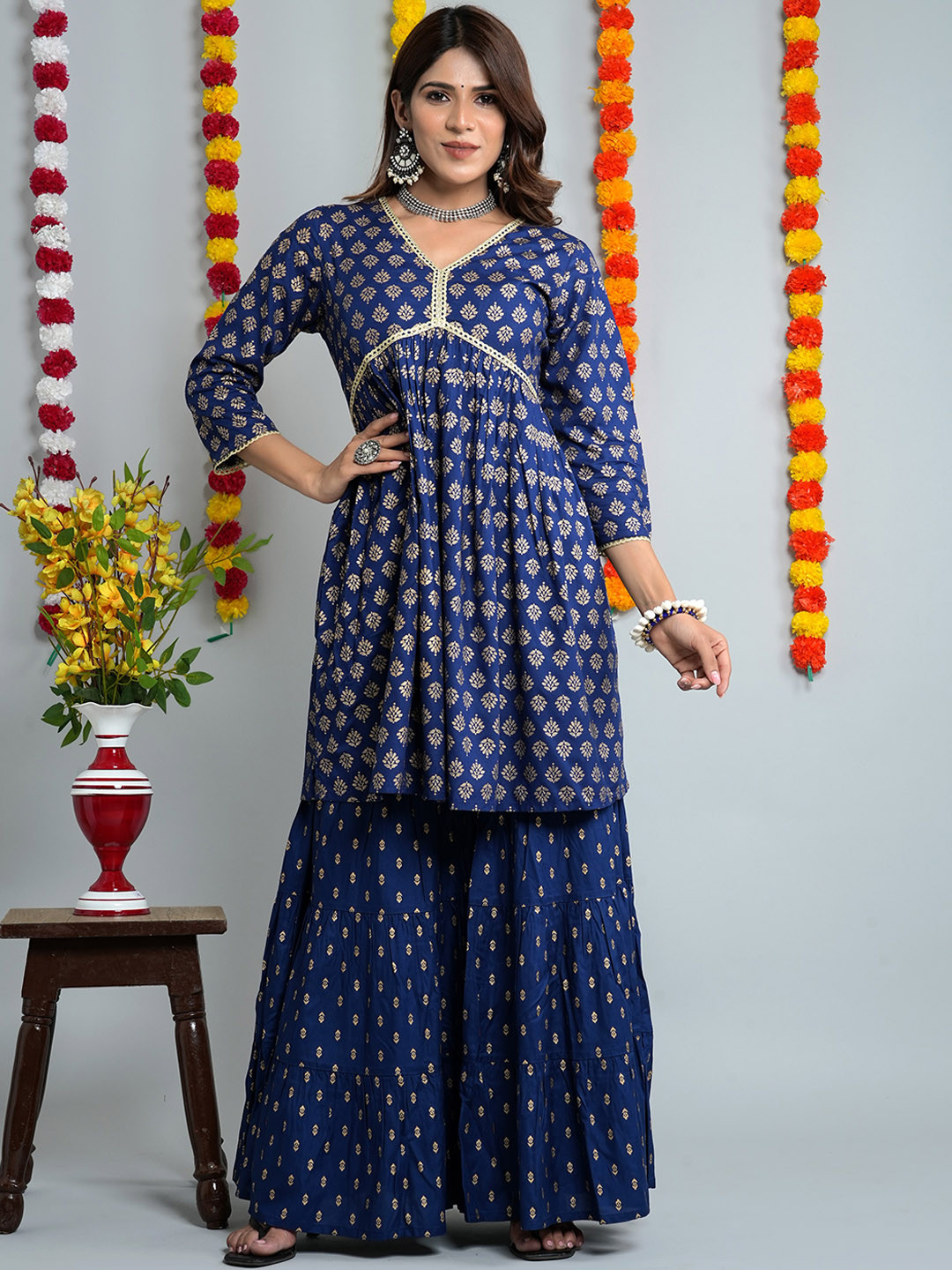 

HERE&NOW Floral Printed Empire Kurta with Sharara, Teal