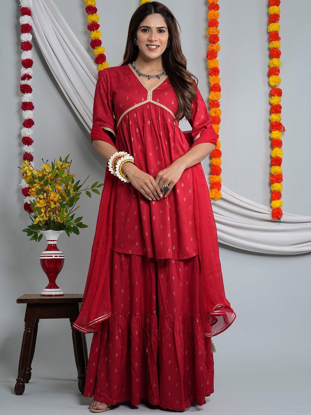 

HERE&NOW Ethnic Motifs Printed Empire Kurti with Sharara & Dupatta, Red