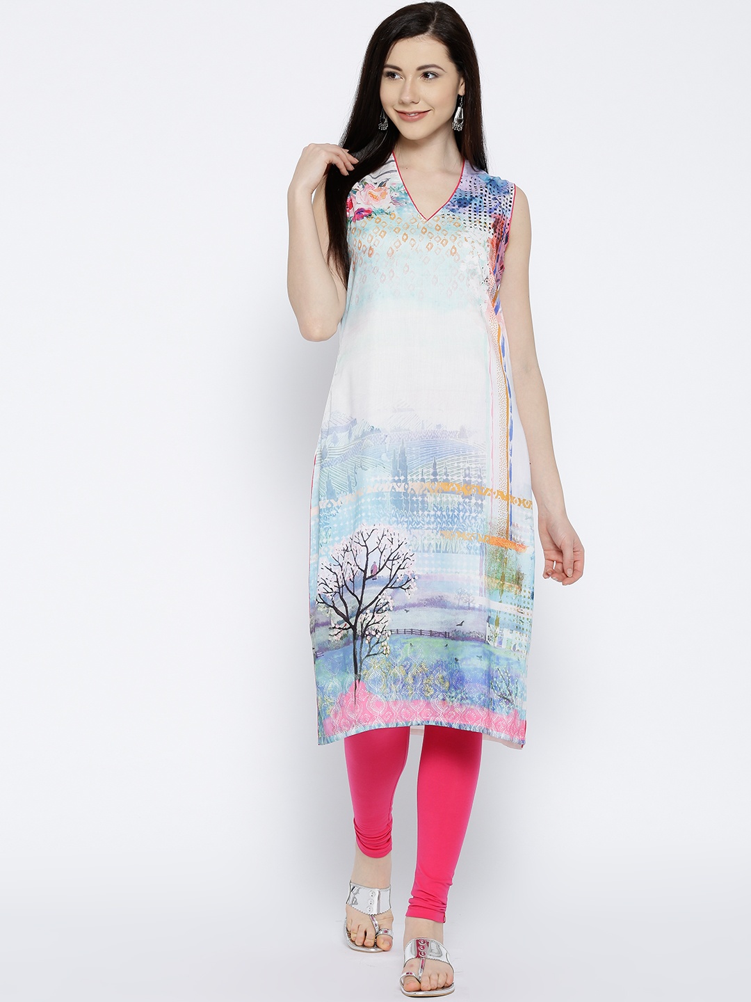 

Biba Women White & Blue Printed Straight Kurta