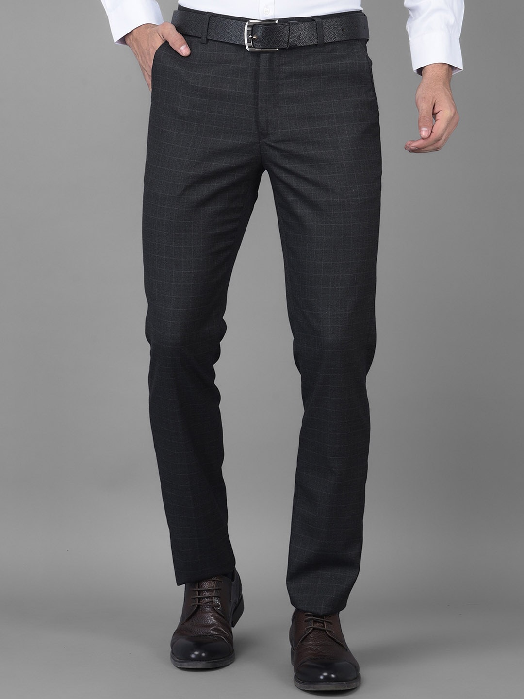 

American Archer Men Smart Slim Fit Checked Wrinkle Free Formal Trousers, Charcoal