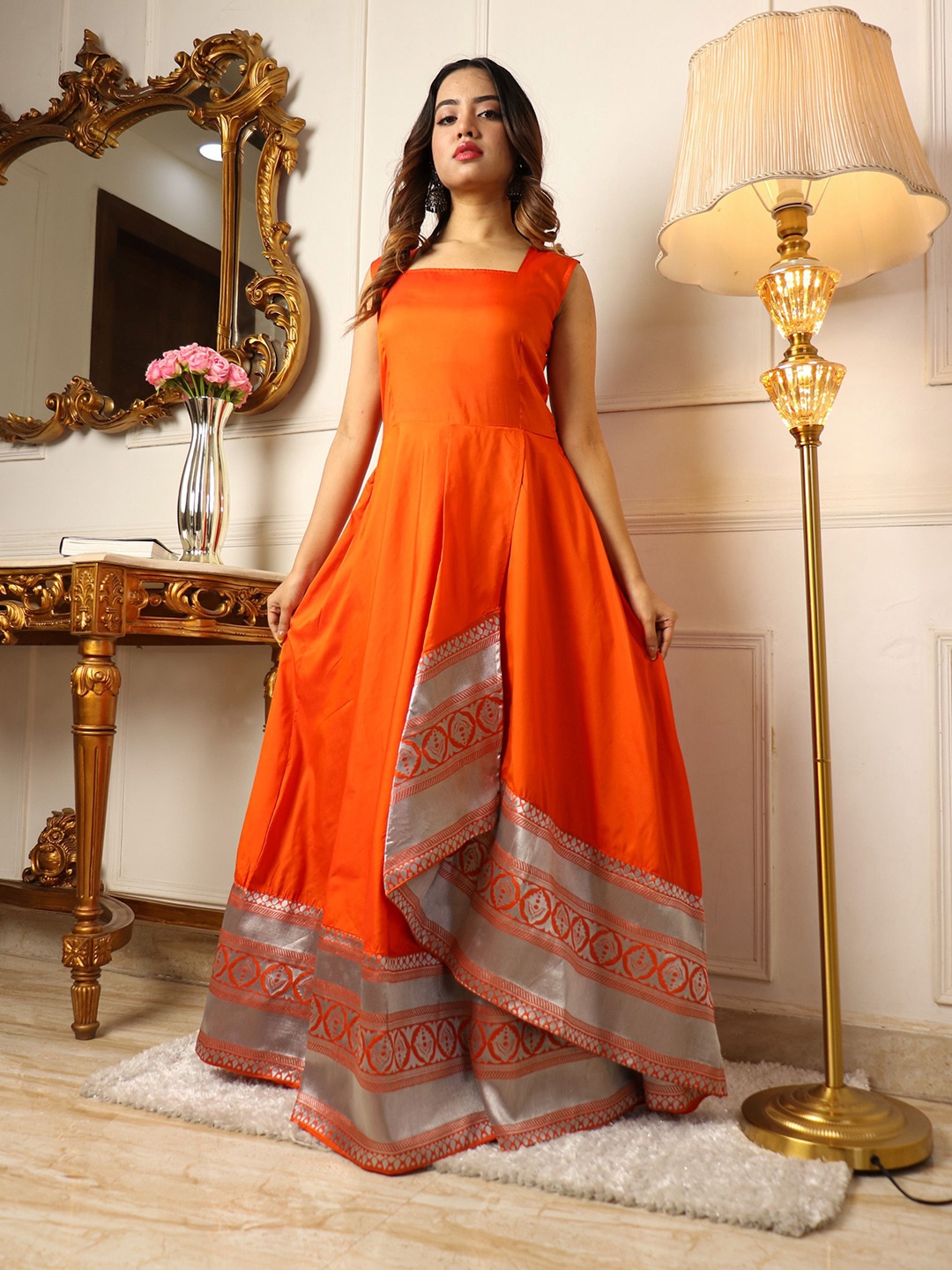 

KALINI Square Neck Gathered or Pleated Fit And Flare Maxi Dress, Orange