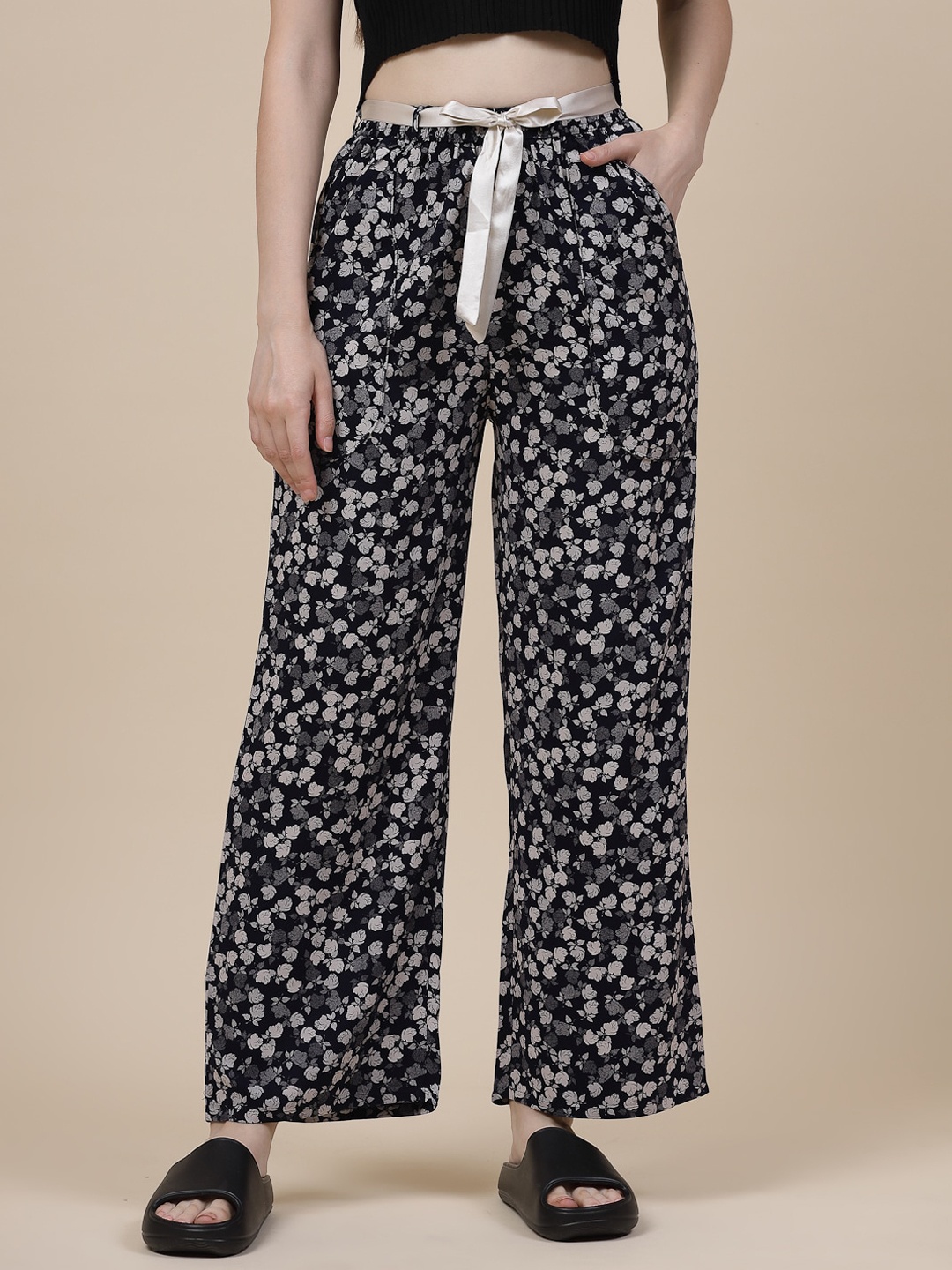 

Sweet Dreams Women Floral Printed Flared Lounge Pants, Black