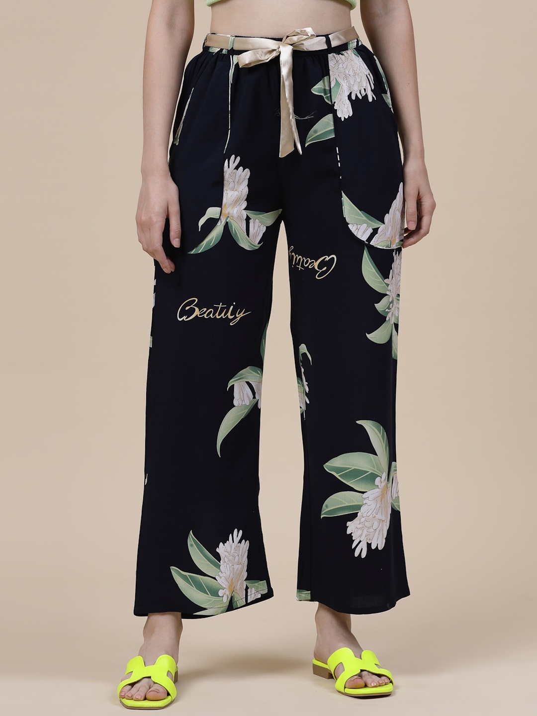 

Sweet Dreams Women Floral Printed Flared Lounge Pants, Navy blue