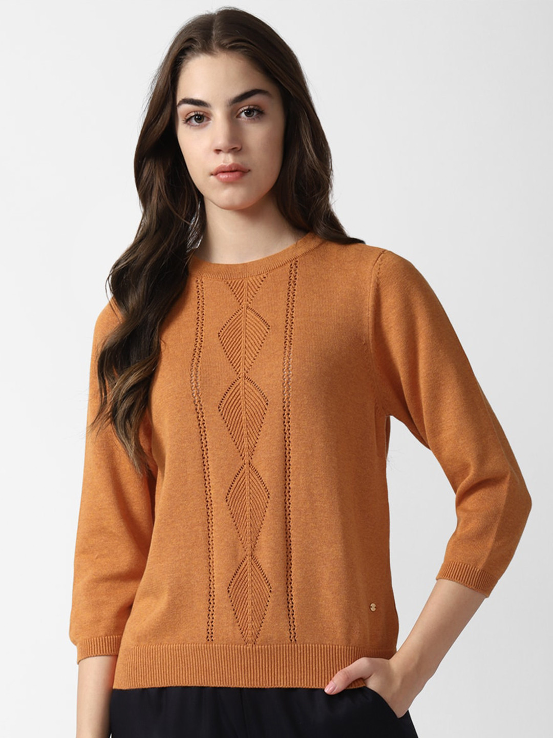 

Van Heusen Woman Open Knit Self Design Pure Cotton Pullover, Orange