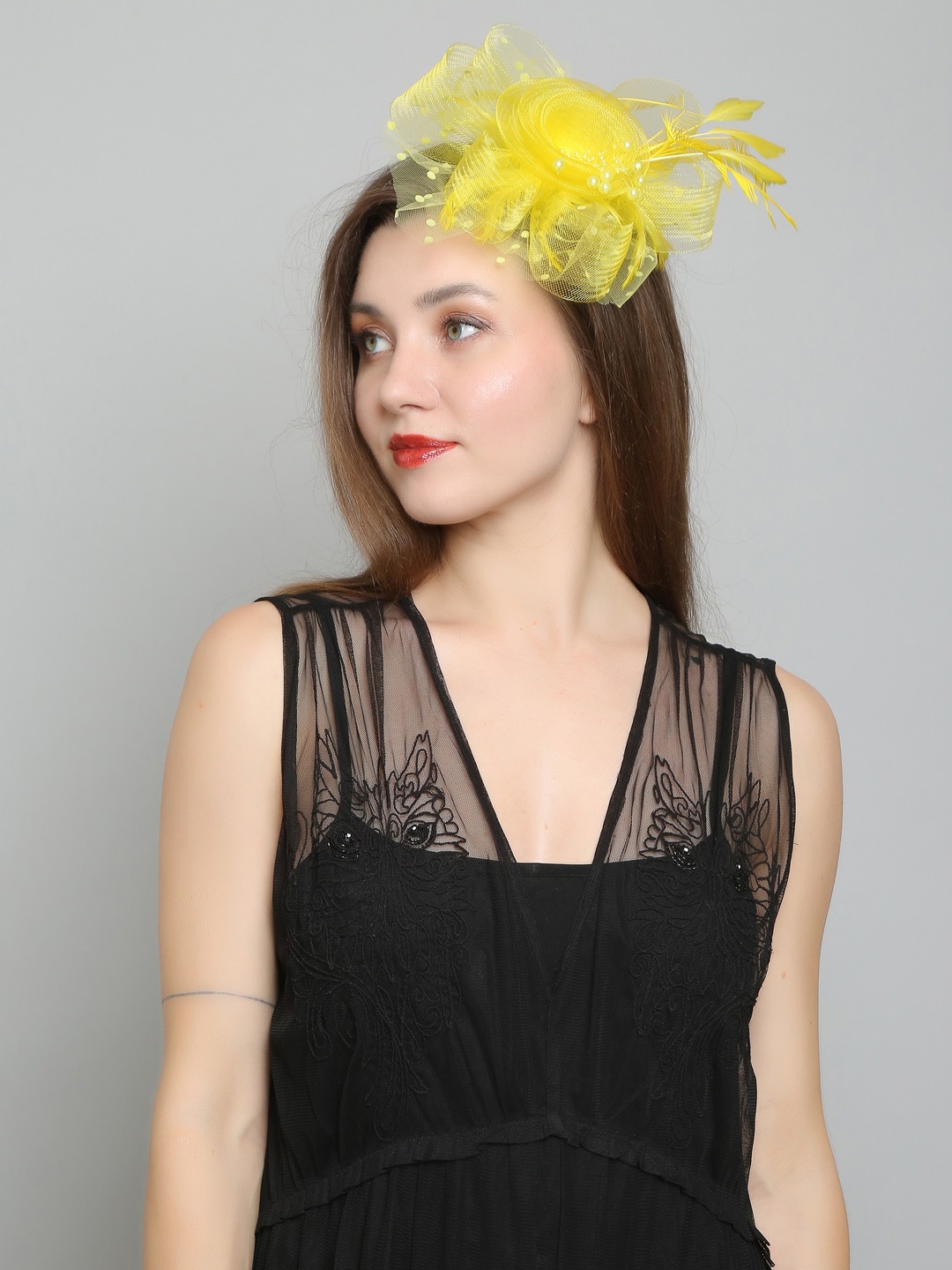 

COLOR STYLE Flower Mesh Ribbons Feathers Fedoras Hat Claw Hair Clip, Yellow