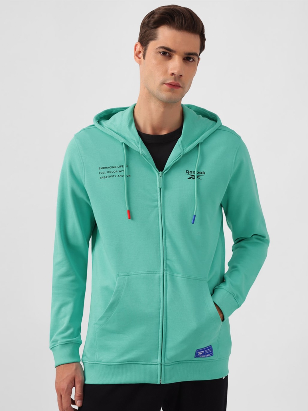 

Reebok Classics App Printed Hooded Front-Open Pure Cotton Sweatshirt, Sea green