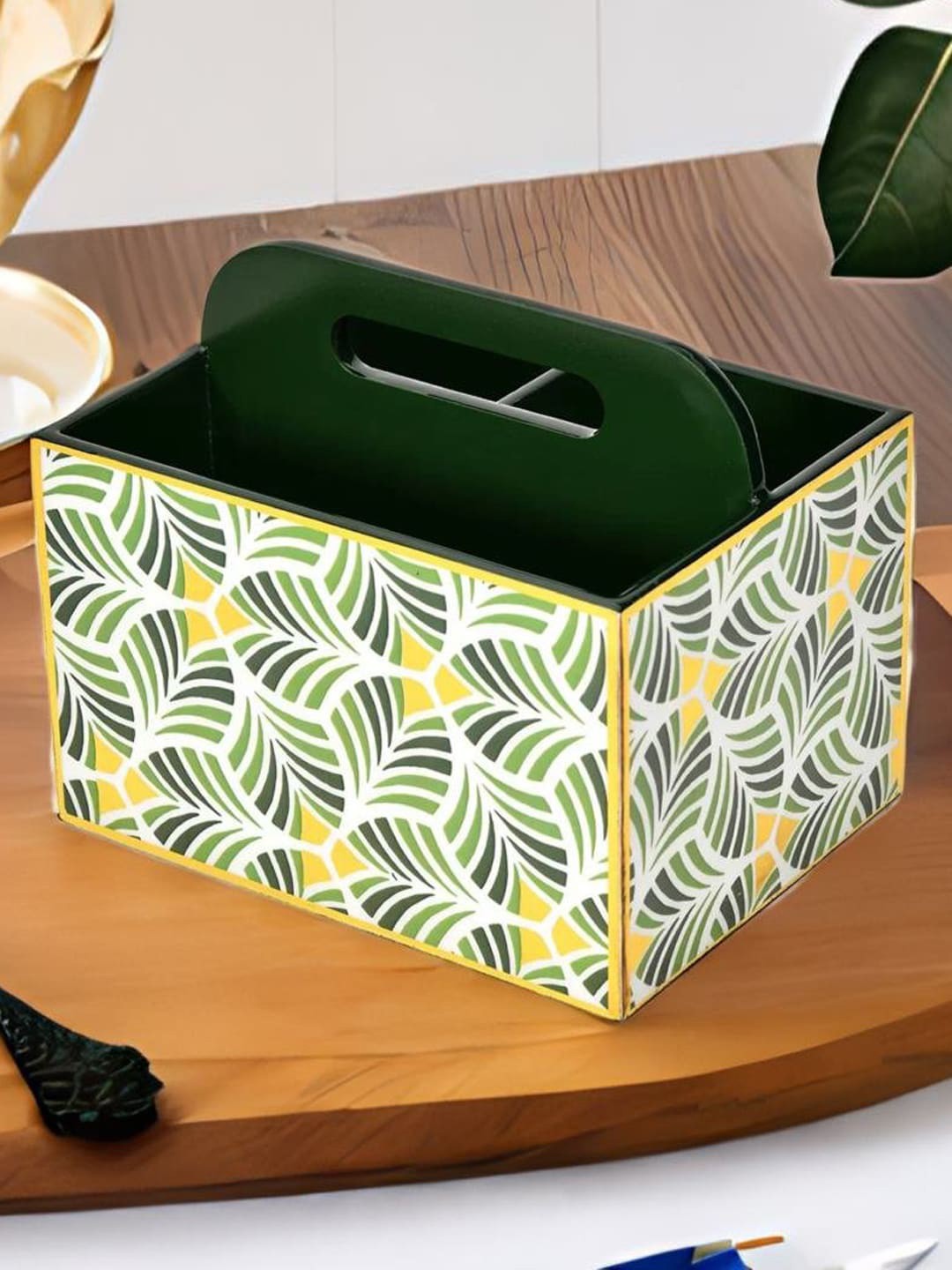 

Athome by Nilkamal Green & Yellow Floral Printed Partitioned Wooden Cutlery Holder