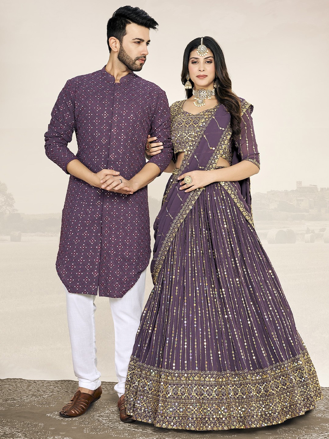 

SHOPGARB Embroidered Sequinned Semi-Stitched Lehenga Choli With Men Kurta Fabric, Purple