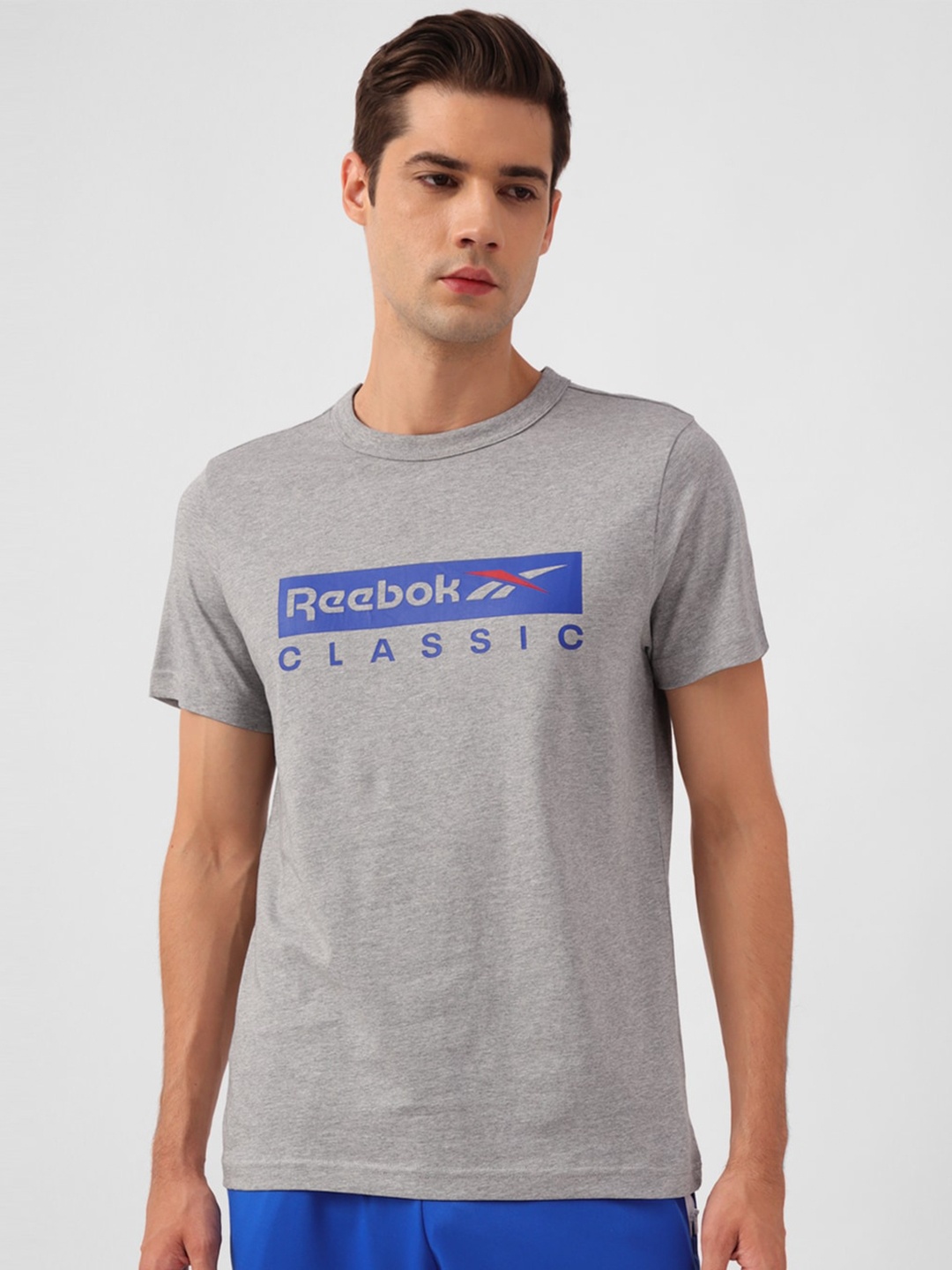 

Reebok Slim-Fit Typography Printed Pure Cotton T-Shirt, Grey