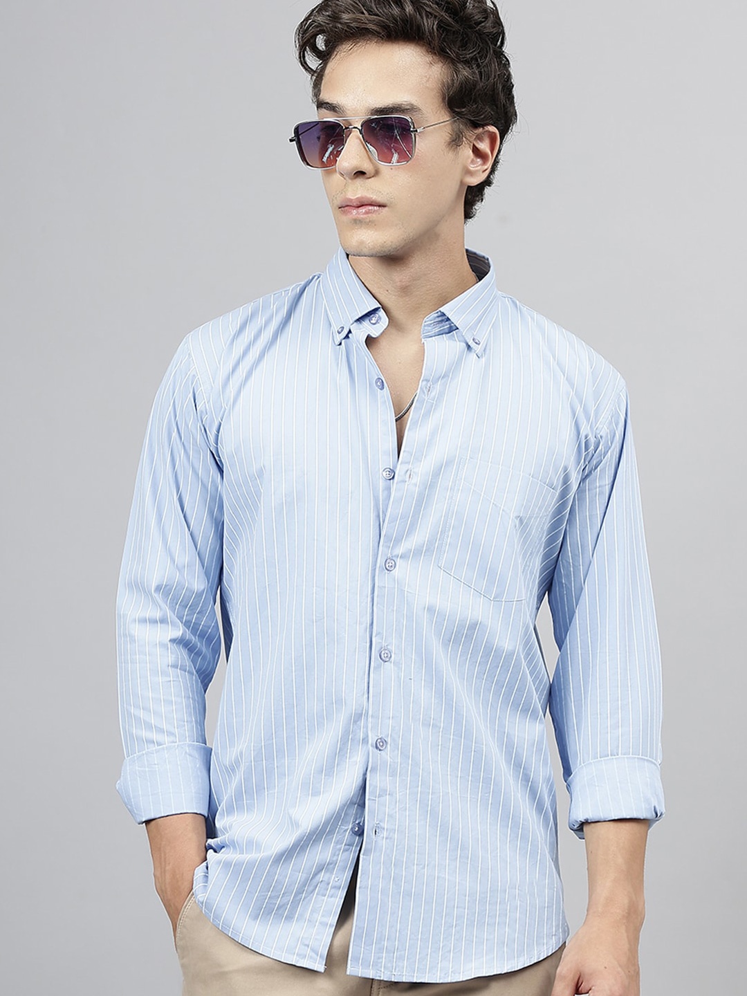 

Hancock Standard Slim Fit Opaque Vertical Striped Pure Cotton Casual Shirt, Blue