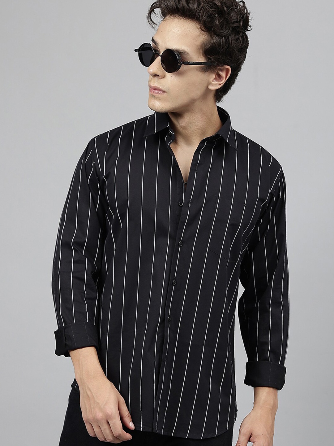 

Hancock Standard Slim Fit Vertical Striped Spread Collar Cotton Casual Shirt, Black