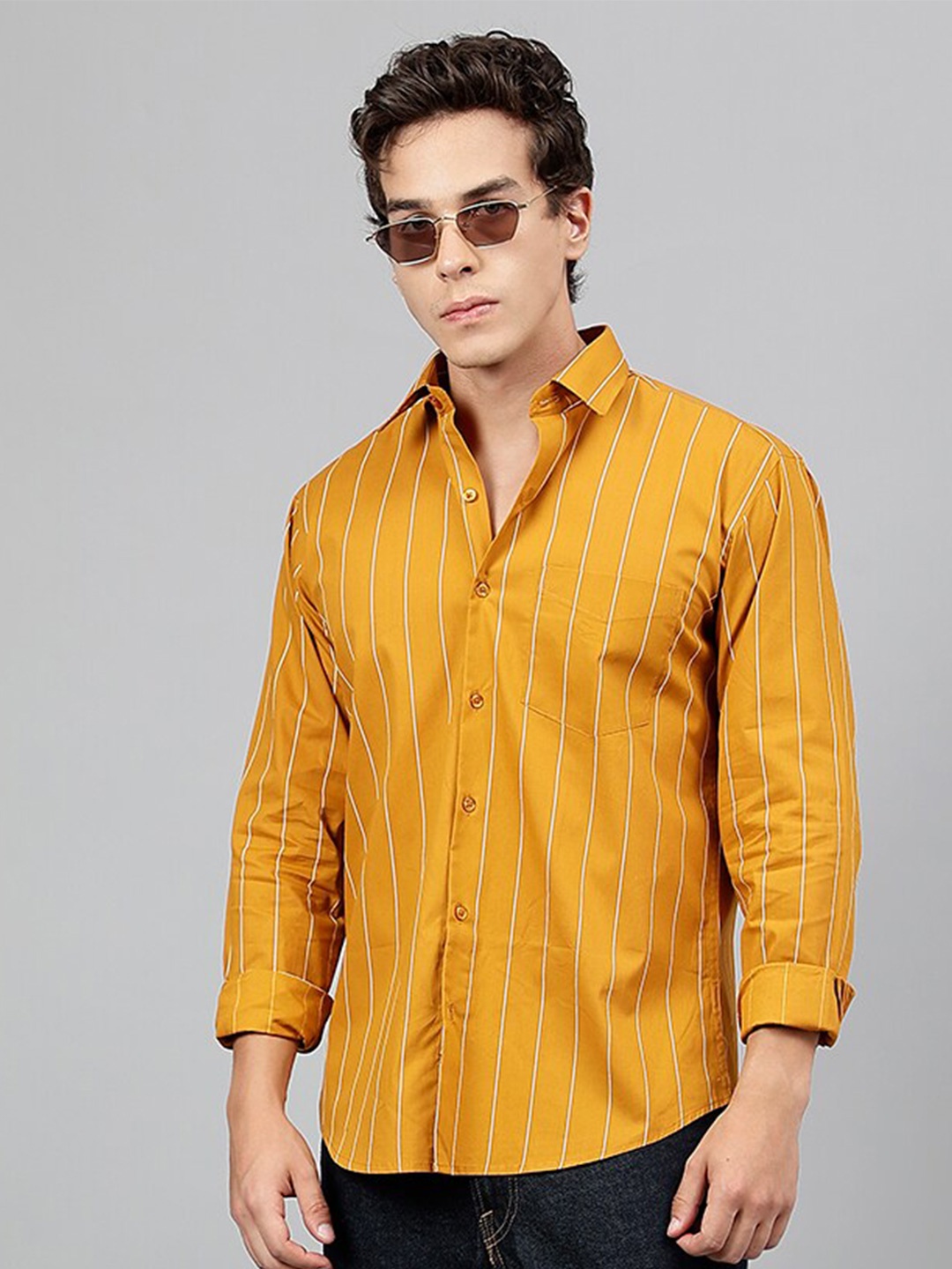 

Hancock Standard Slim Fit Opaque Vertical Striped Pure Cotton Casual Shirt, Mustard