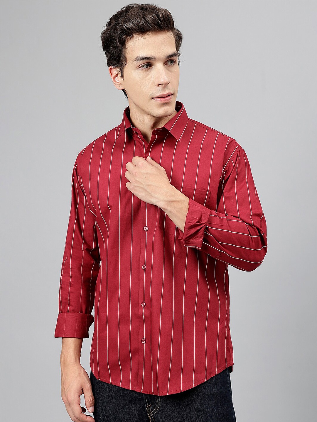 

Hancock Standard Slim Fit Opaque Vertical Striped Pure Cotton Casual Shirt, Maroon