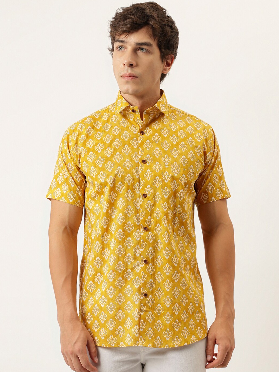 

MILLENNIAL MEN Comfort Floral Printed Cotton Casual Shirt, Mustard