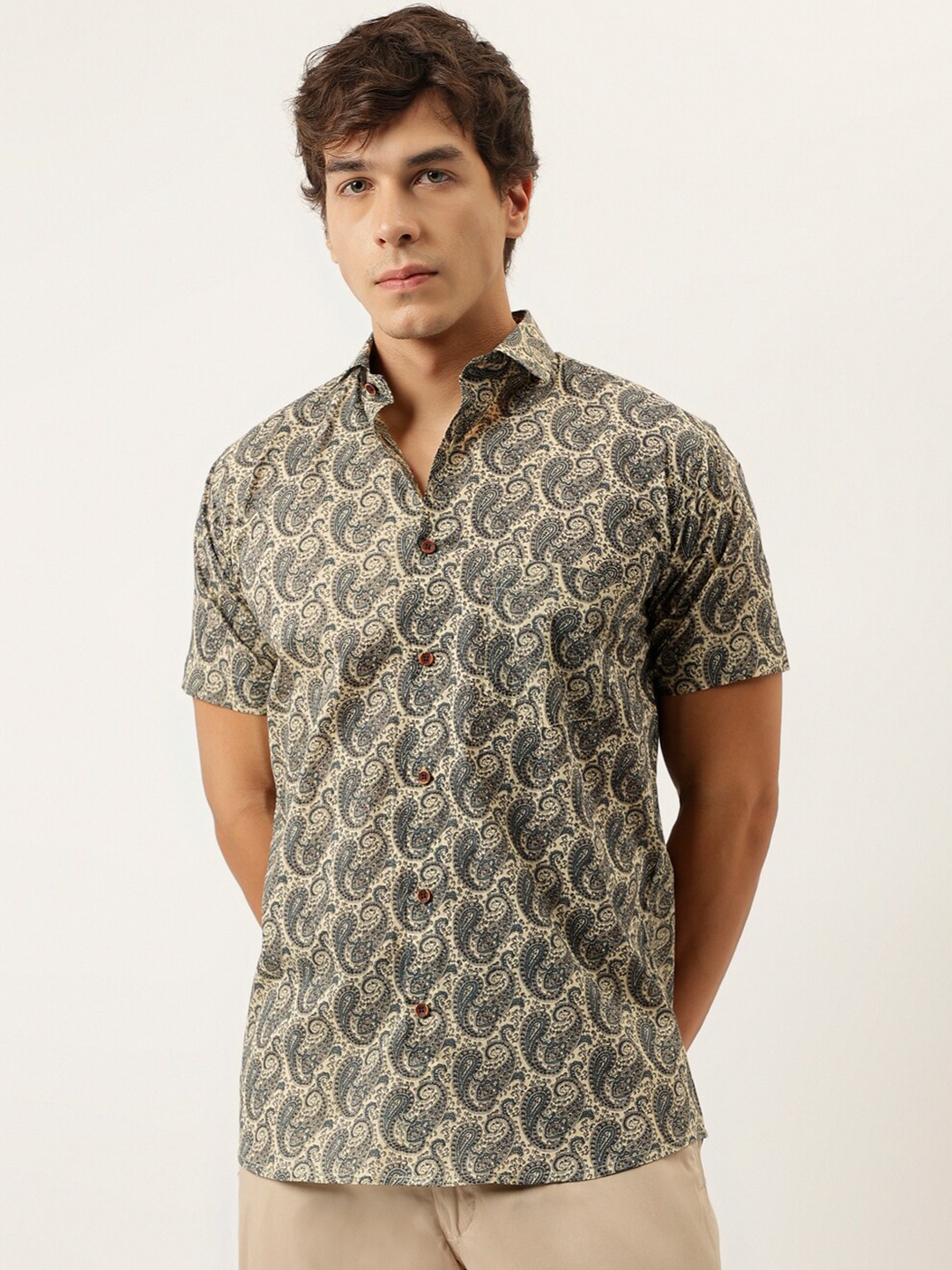 

MILLENNIAL MEN Comfort Paisley Printed Cotton Casual Shirt, Beige