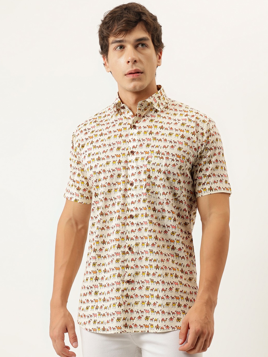 

MILLENNIAL MEN Comfort Conversational Printed Cotton Casual Shirt, Cream