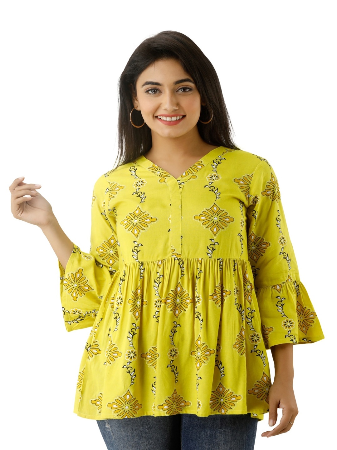 

Maishi Ethnic Motifs Printed V-Neck A-Line Kurti, Yellow