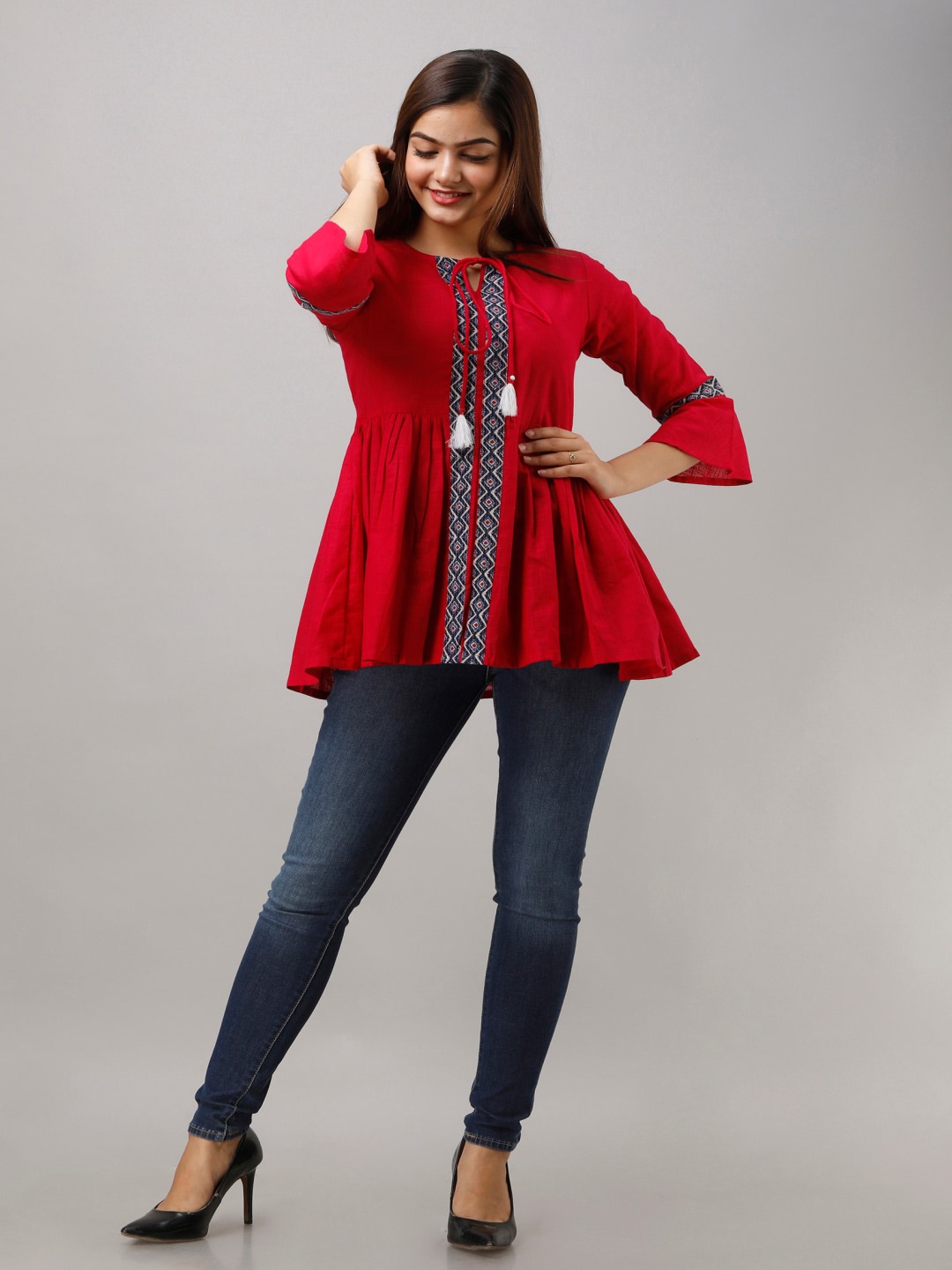 

Maishi Tie-Up Neck Geometric Printed Keyhole Neck Bell Sleeves Pleated A-Line Kurti, Pink