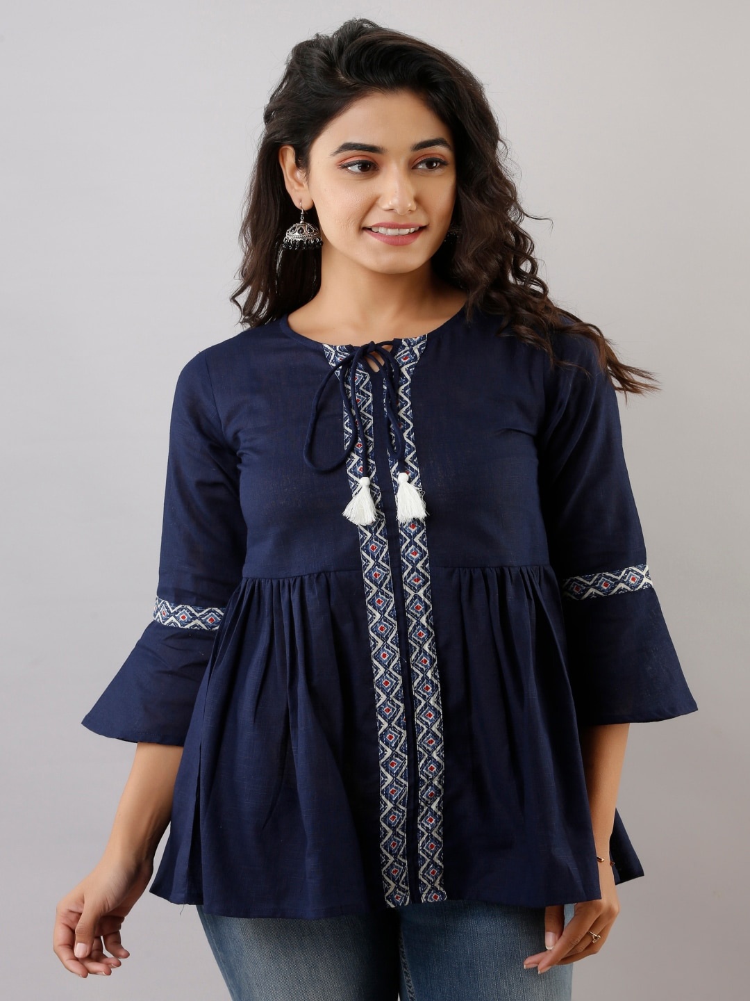 

Maishi Geometric Printed Tie-Up Neck A-Line Kurti, Blue