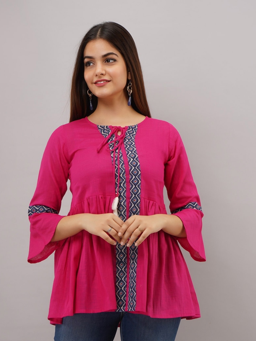 

Maishi Tie-Up Neck Geometric Printed Keyhole Neck Pure Cotton Pleated A-Line Kurti, Pink