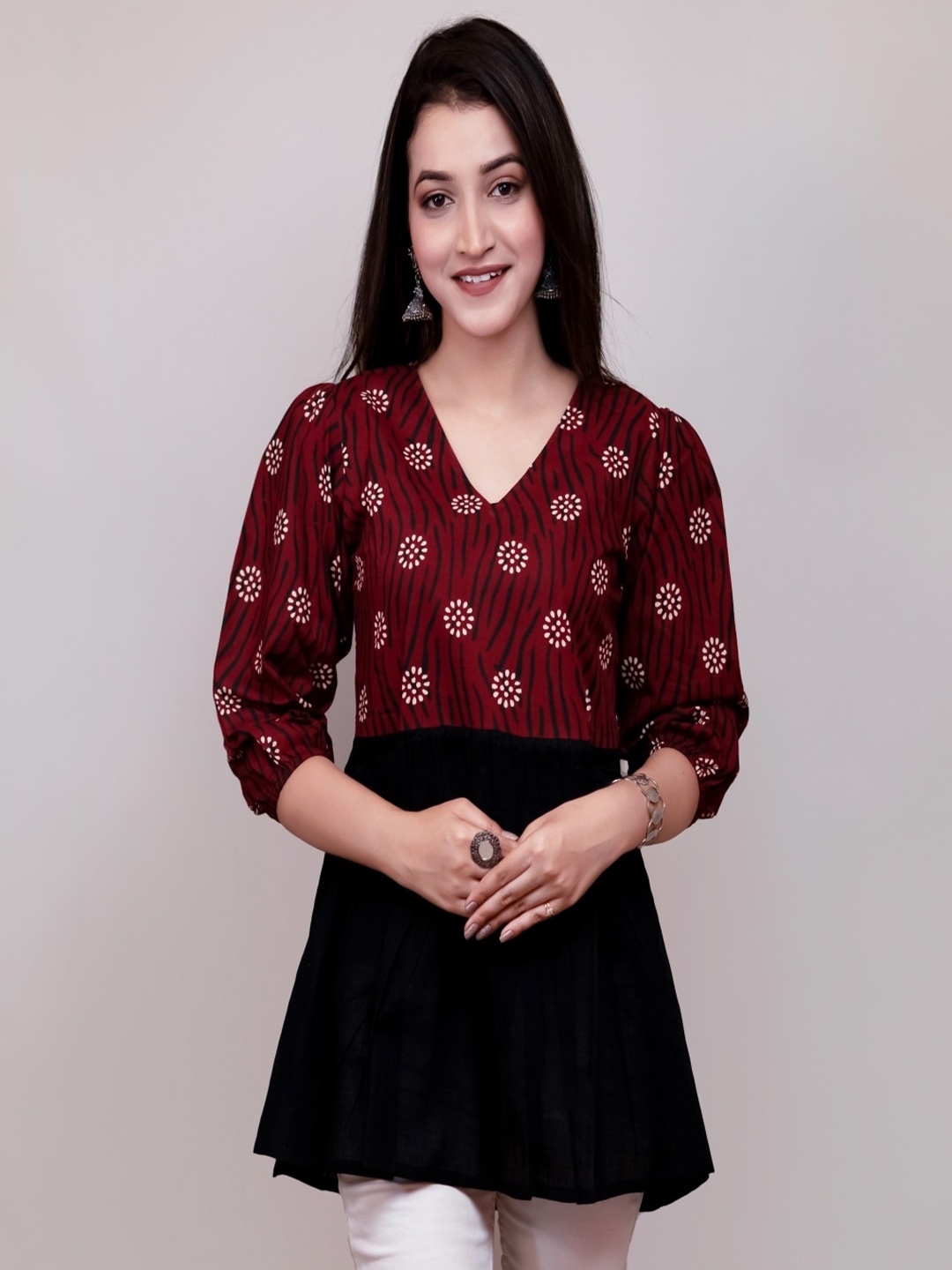 

Maishi Maroon Floral Printed V-Neck Gotta Patti Pure Cotton Gotta Patti Kurti
