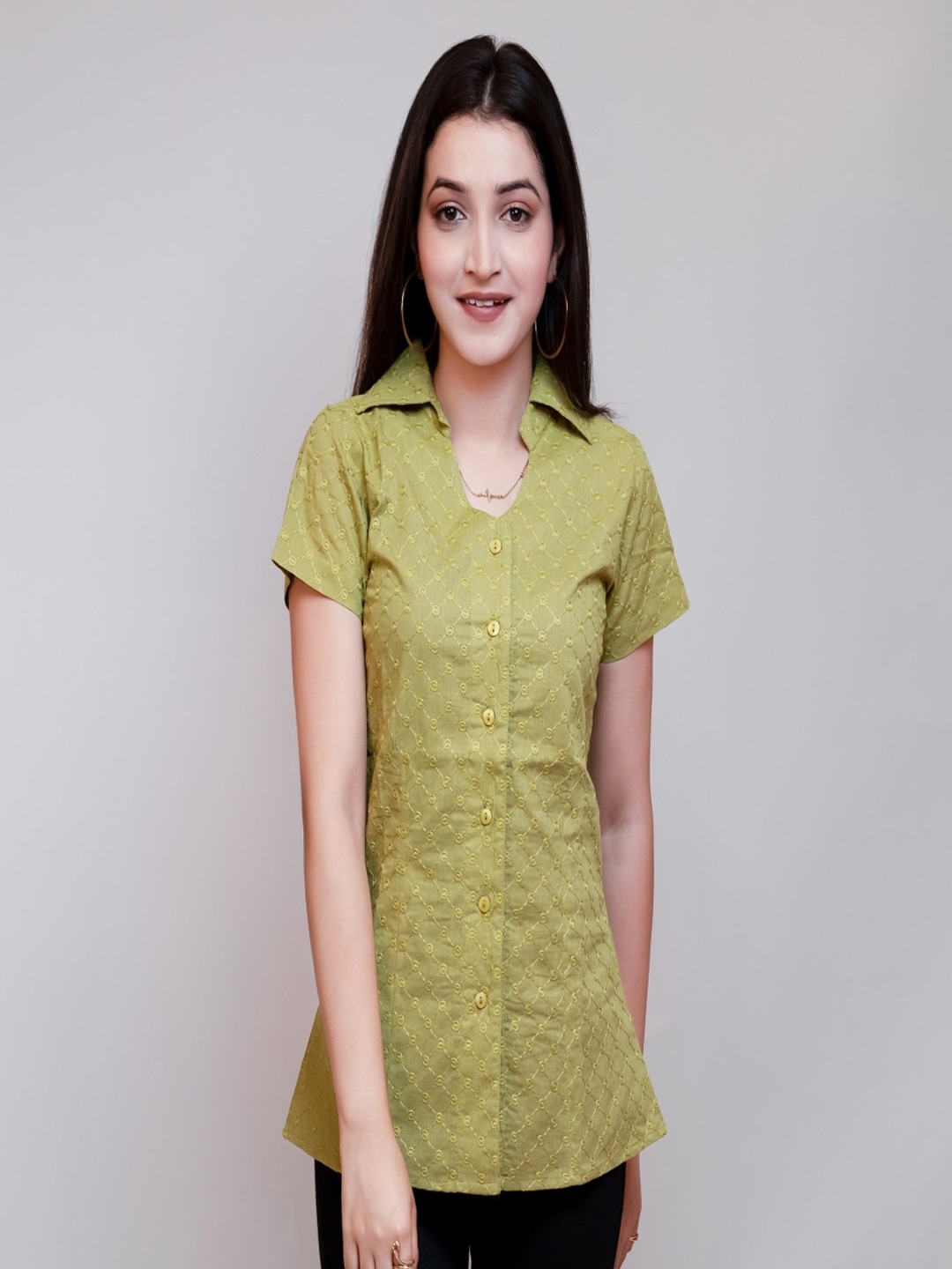 

Maishi Geometric Embroidered Shirt Collar Pure Cotton Shirt Style Top, Green