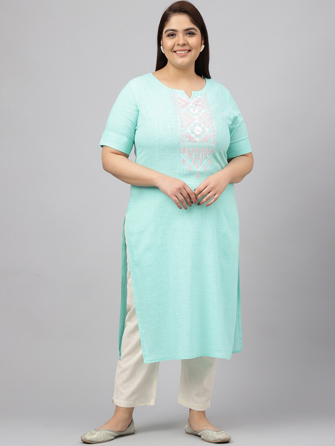 

JAIPUR ATTIRE Plus Size Ethnic Motifs Yoke Design Pure Cotton Kurta, Blue