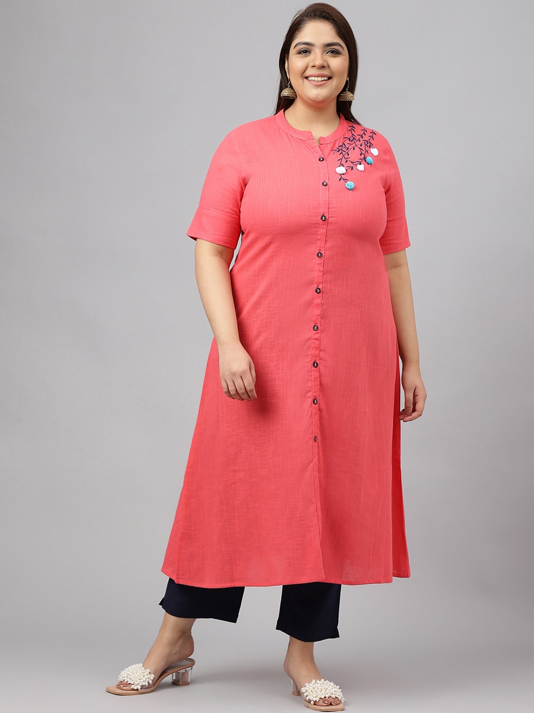 

JAIPUR ATTIRE Plus Size Mandarin Collar Thread Work Cotton Kurta, Pink