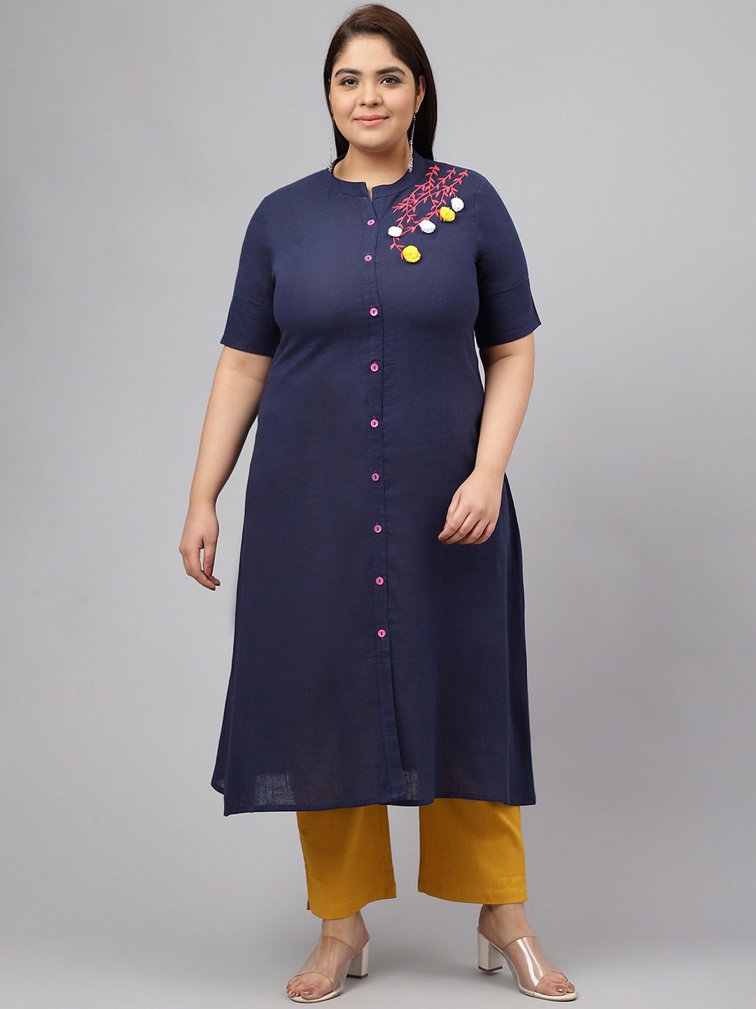 

JAIPUR ATTIRE Plus Size Mandarin Collar Thread Work Cotton Kurta, Blue