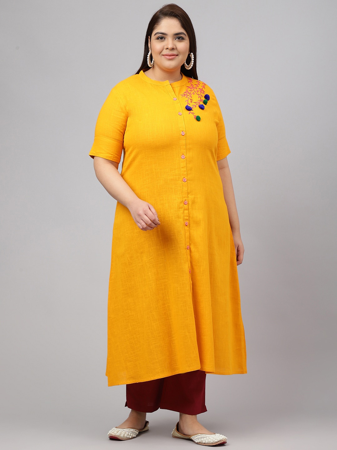 

JAIPUR ATTIRE Plus Size Mandarin Collar Thread Work Cotton Kurta, Mustard