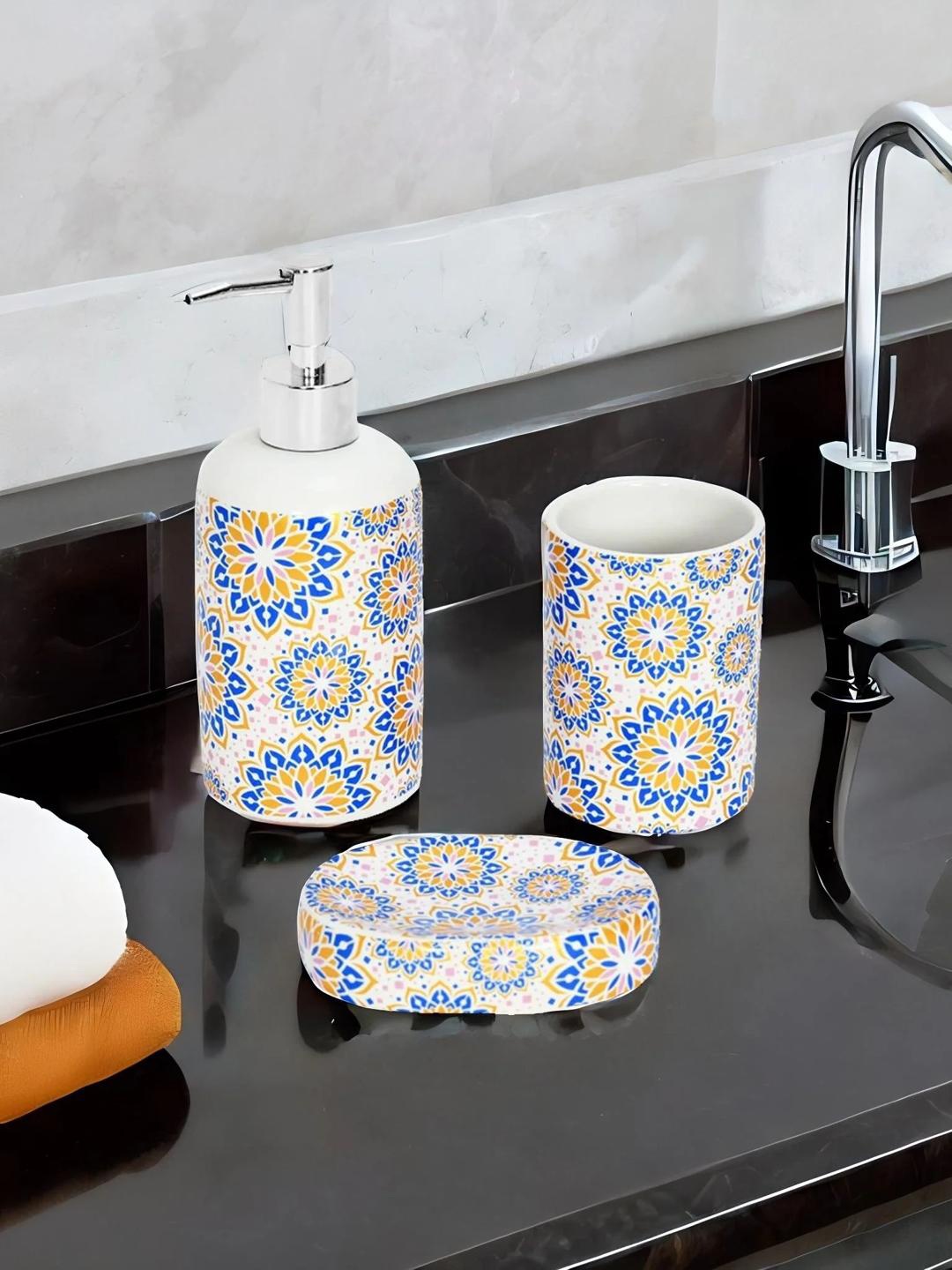 

Athome by Nilkamal Blue & Yellow 3 Pcs Printed Bath Accessories Set