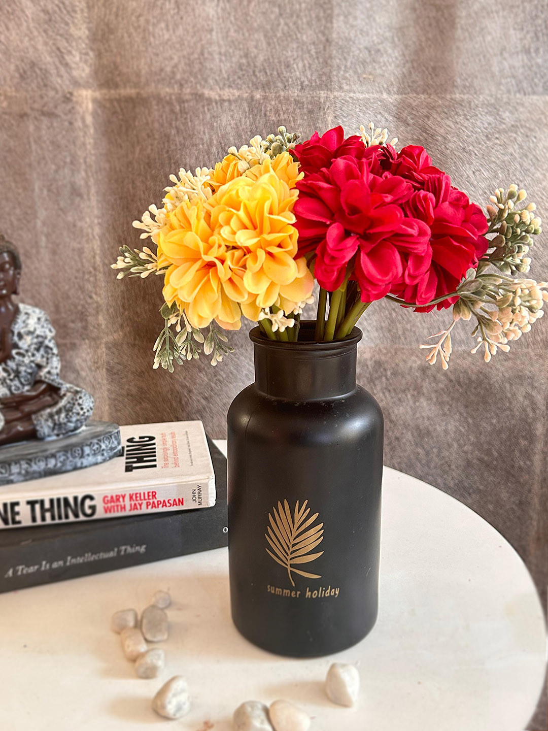 

TIED RIBBONS Yellow Red Set of 2 Bunch Hydrangea Artificial Dahlia Flowers without Pot