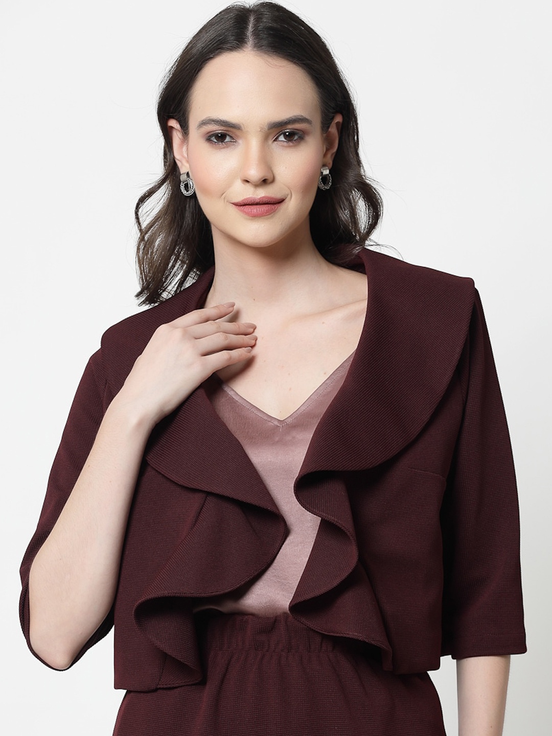 

OFFICE & YOU Frill Cotton Crop Tailored Jacket, Maroon