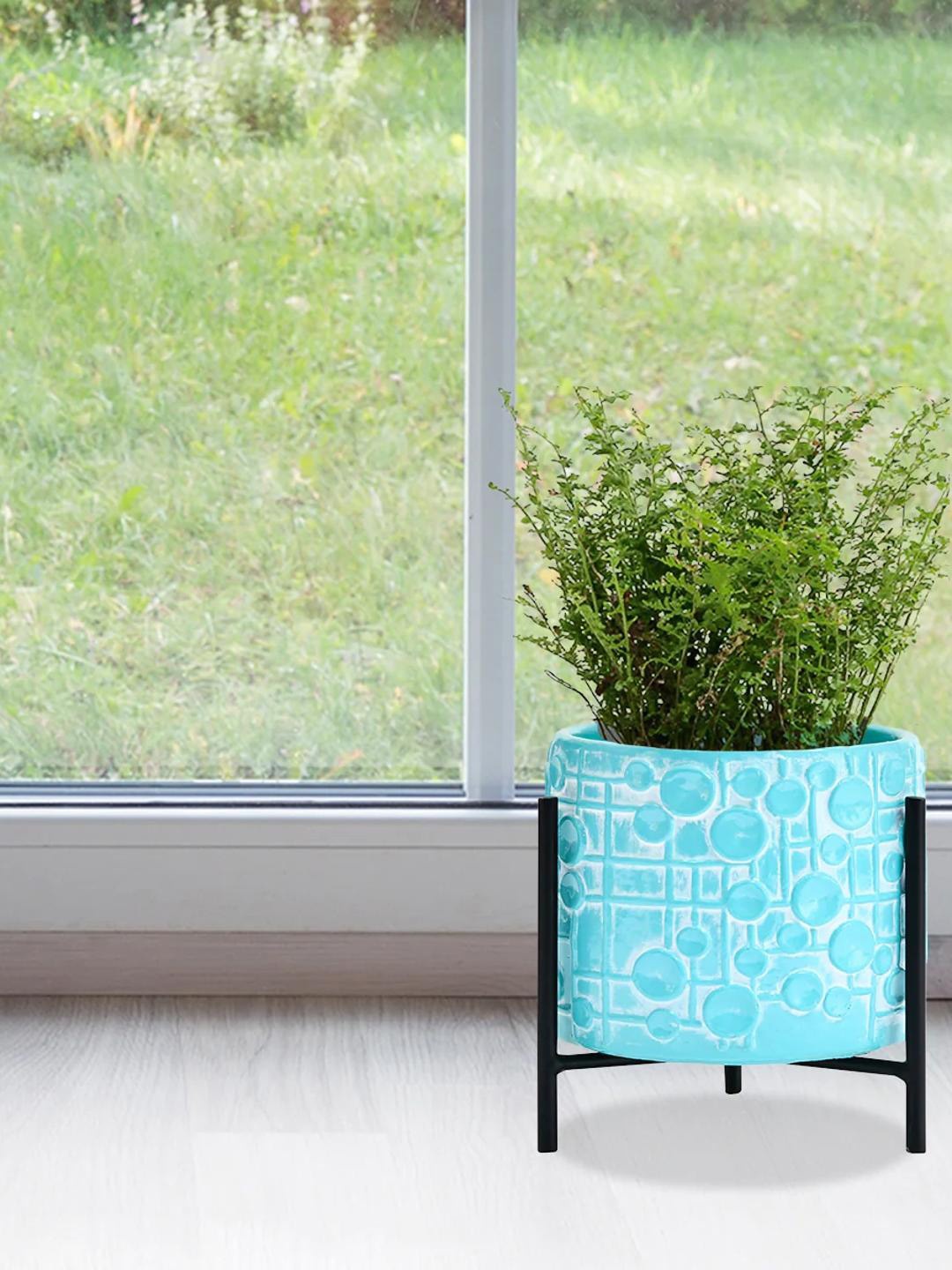 

Athome by Nilkamal Sea Green & Black Specks Textured Planter With Stand