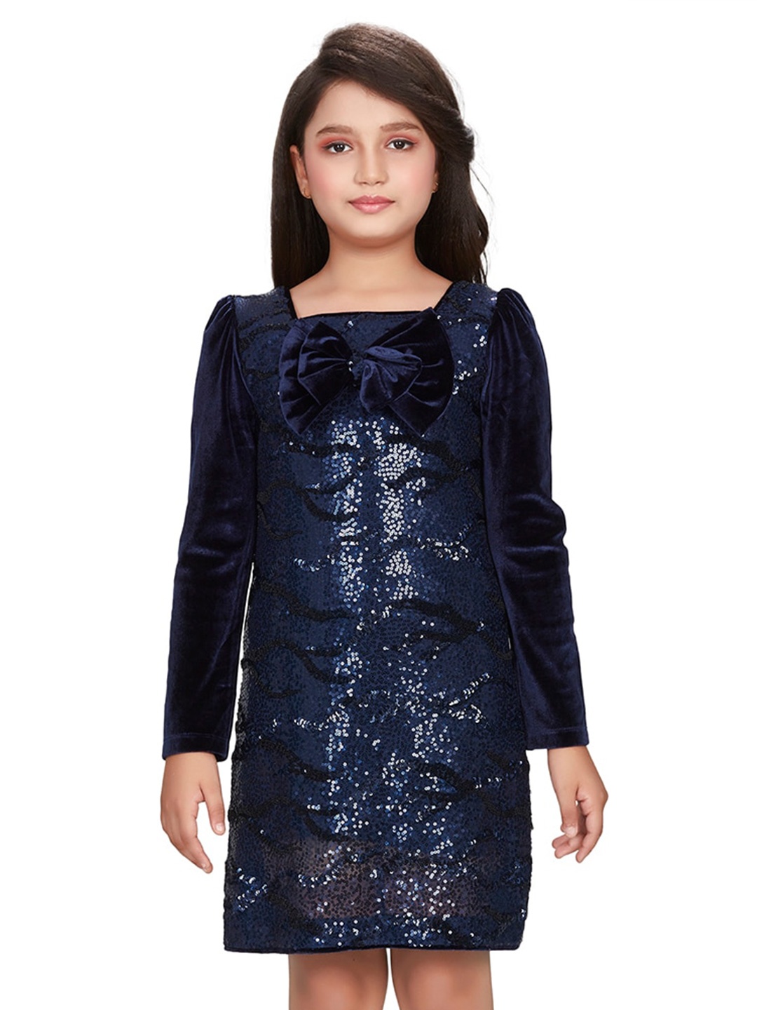 

Peppermint Girls Embellished Sequinned Velvet A-Line Dress, Navy blue