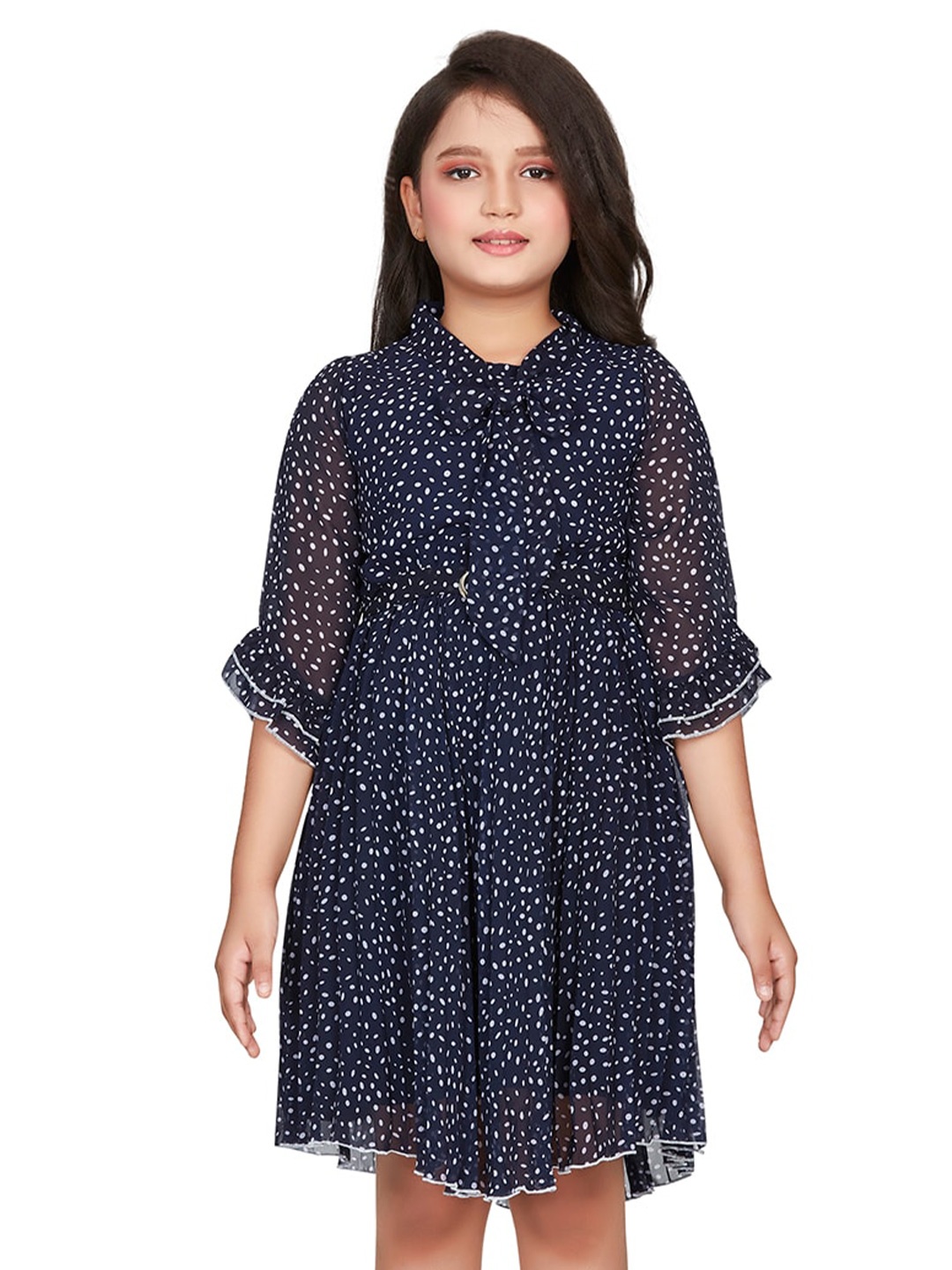 

Peppermint Girls Polka Dot Printed Bell Sleeves Satin Fit & Flare Dress, Navy blue