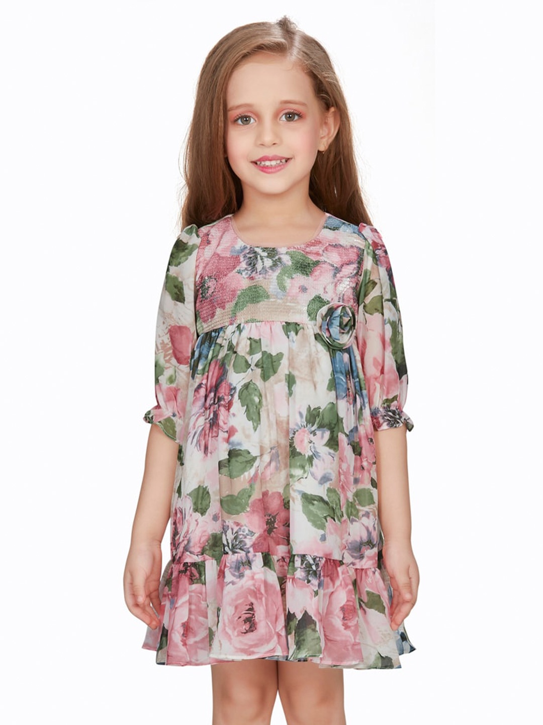 

Peppermint Floral Printed Sequinned Satin A-Line Dress, Green