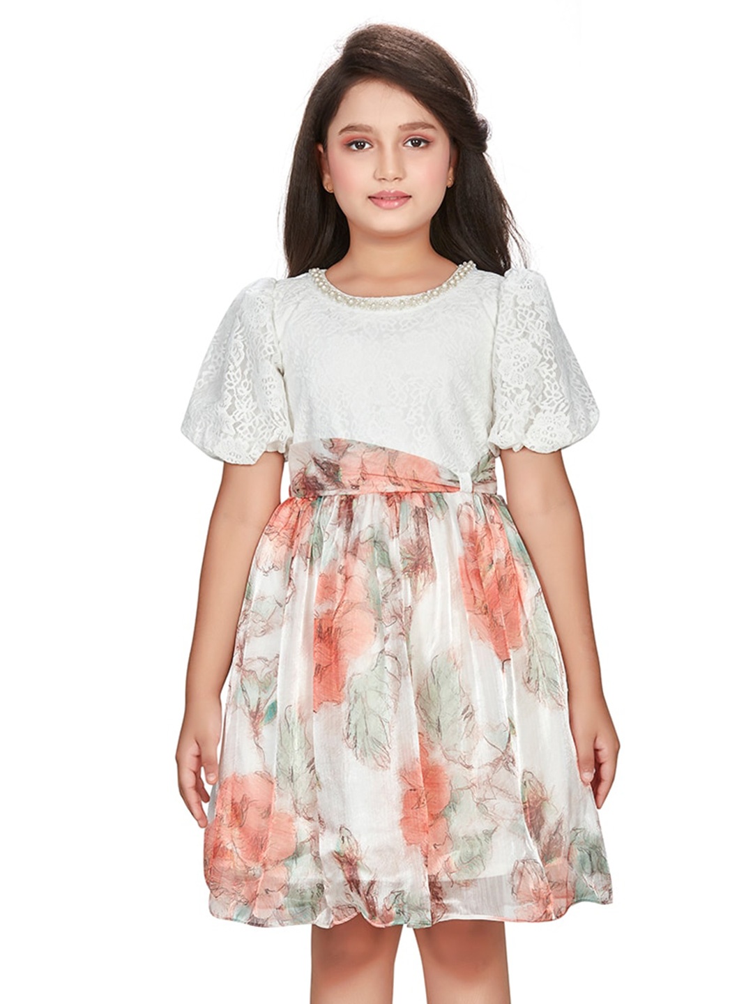 

Peppermint Girls Floral Printed Puff Sleeves Satin Fit & Flare Dress, Orange