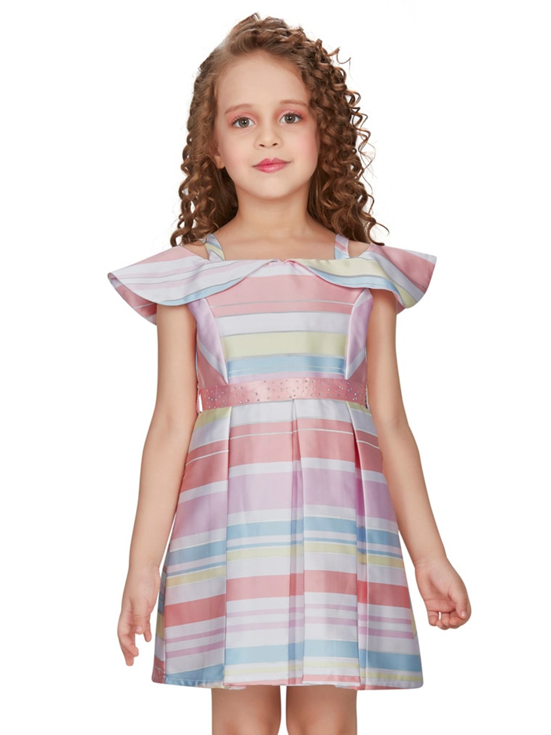 

Peppermint Girls Striped Cold-Shoulder Pleated Fit & Flare Dress, Pink