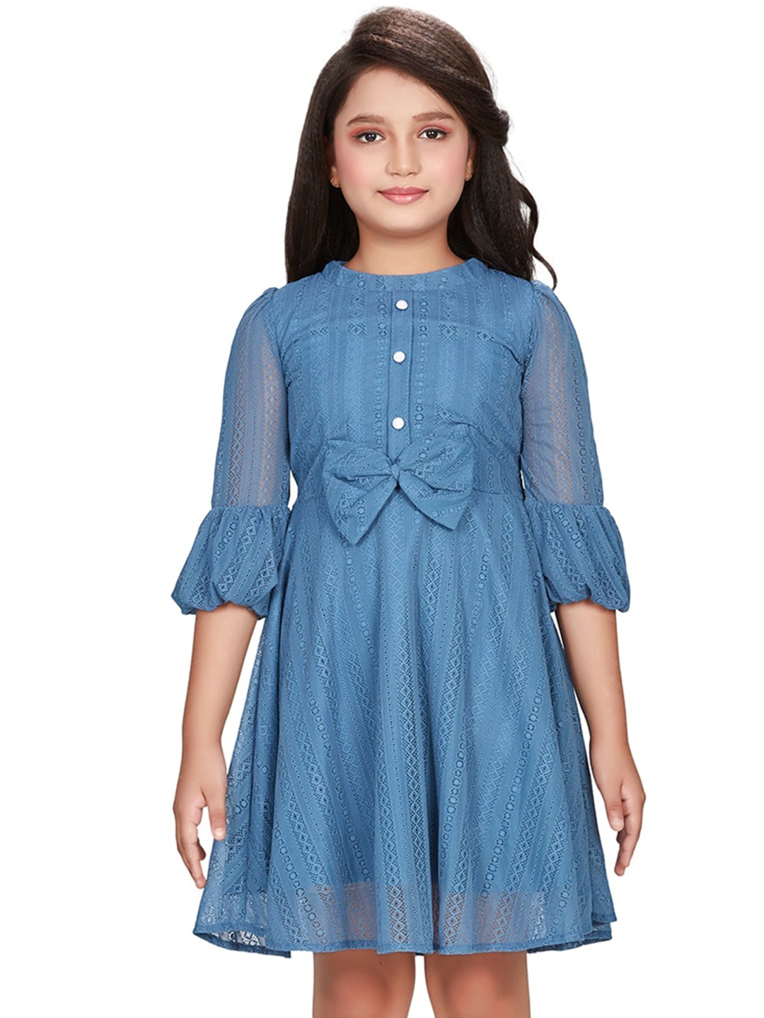 

Peppermint Girls Self Design Net Fit & Flare Dress, Teal