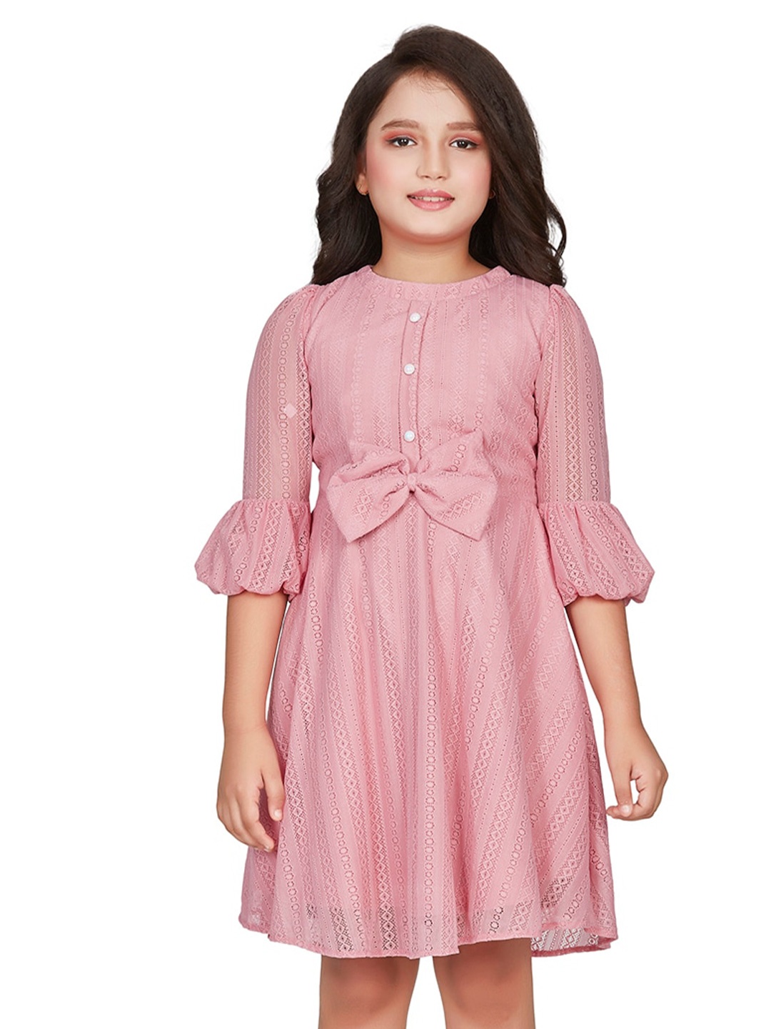 

Peppermint Girls Self Designed Bell Sleeves Bow Detailed Net Fit & Flare Dress, Pink