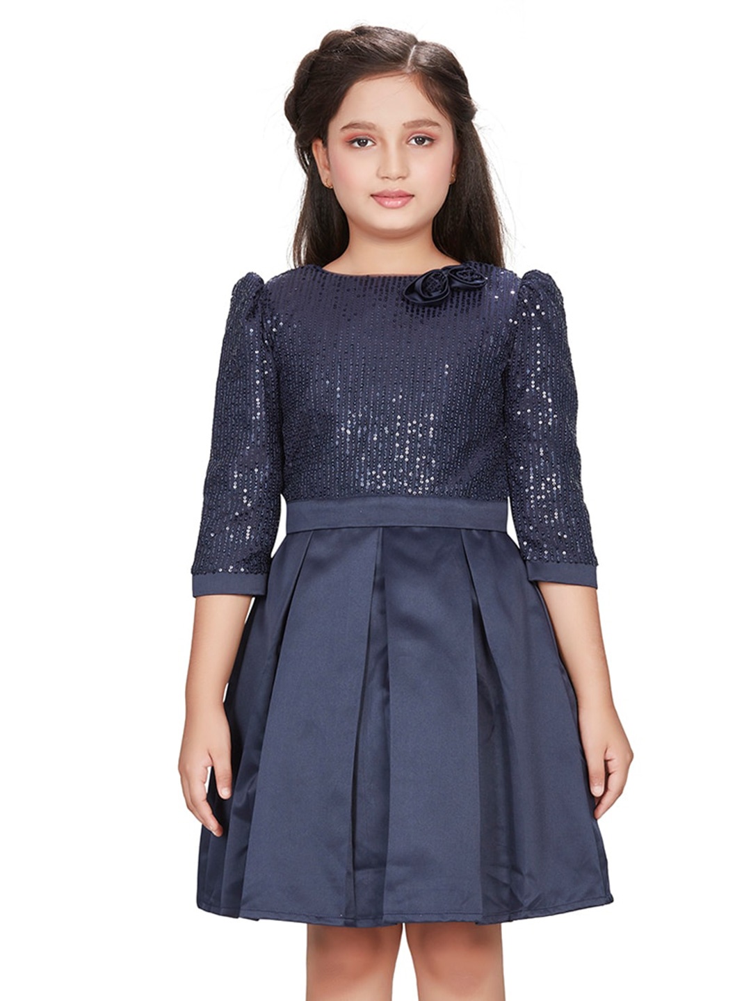 

Peppermint Embellished Puff Sleeves Sequinned Satin Fit & Flare Dress, Navy blue