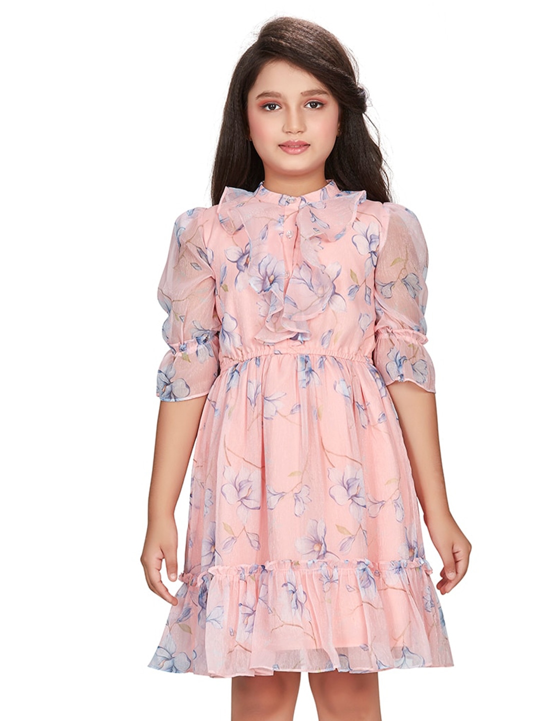 

Peppermint Girls Floral Printed Satin Fit & Flare Dress, Peach