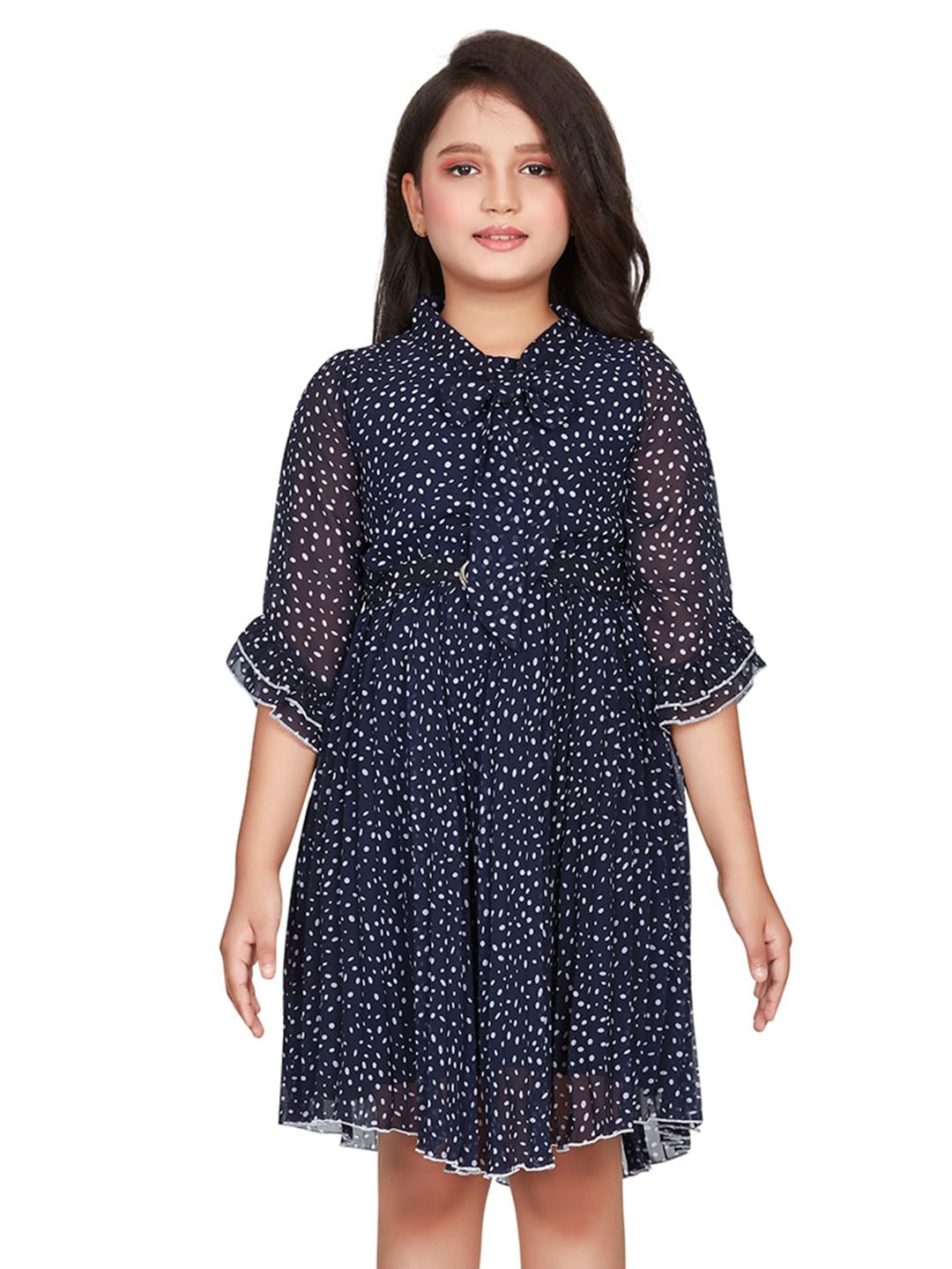 

Peppermint Girls Geometric Printed Bell Sleeve Fit & Flare Dress, Navy blue