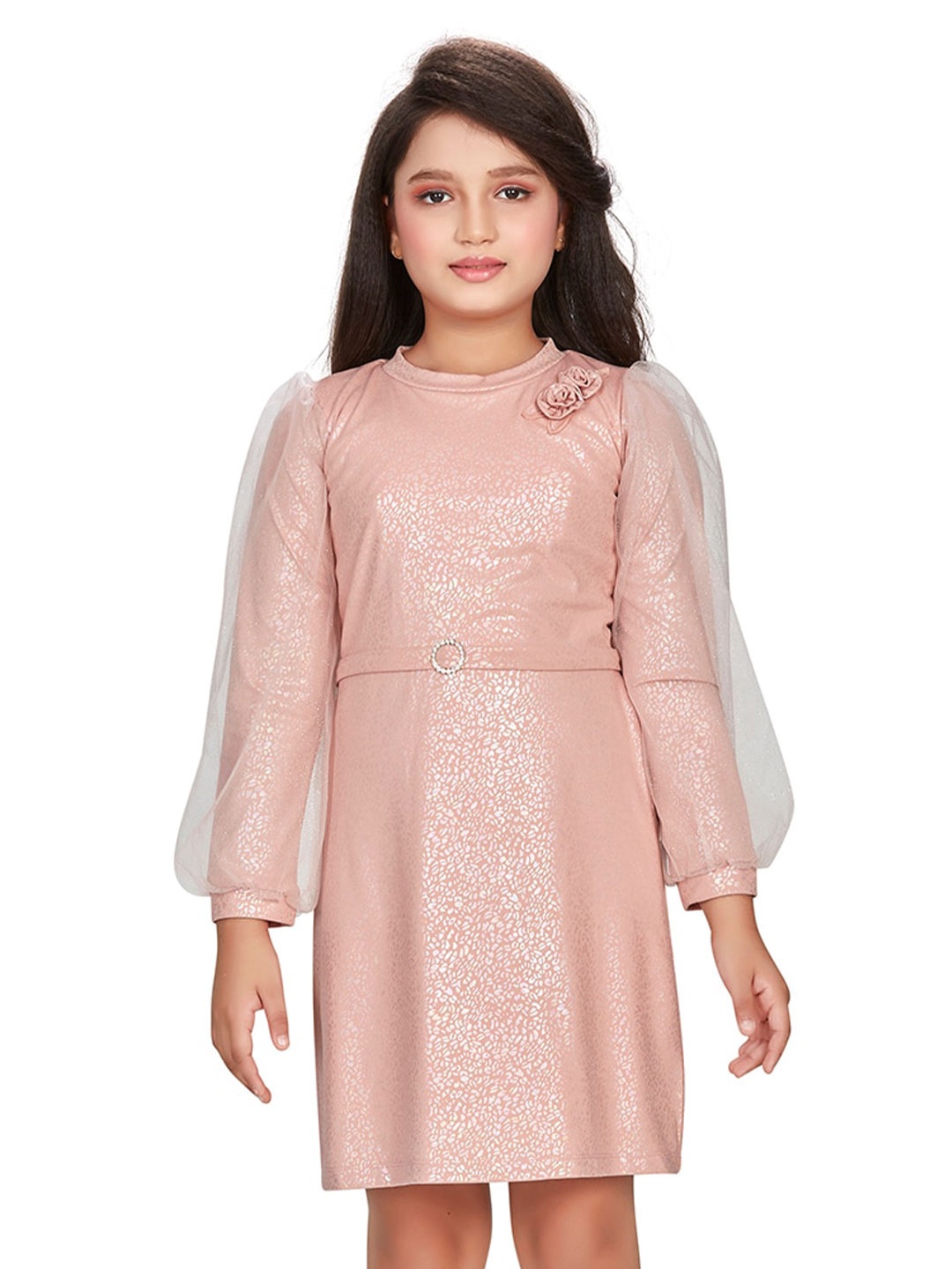 

Peppermint Girls Self Designed Puff Sleeves Cotton Fit & Flare Dress, Peach