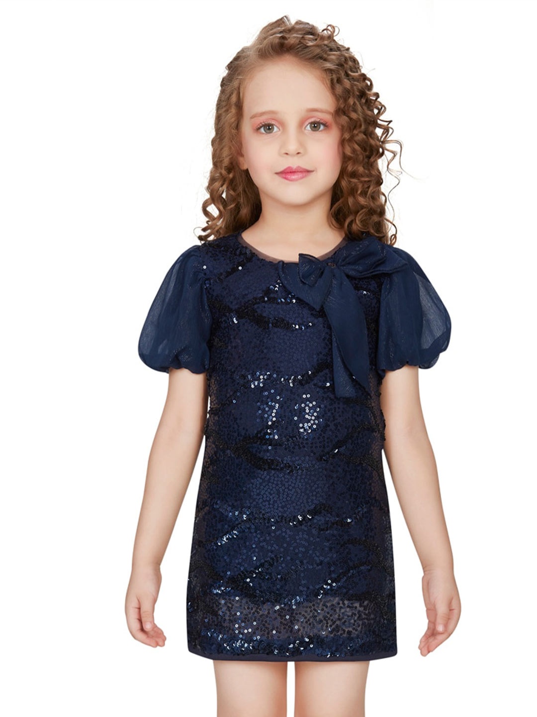 

Peppermint Girls Embellished Puff Sleeves Net Sheath Dress, Navy blue