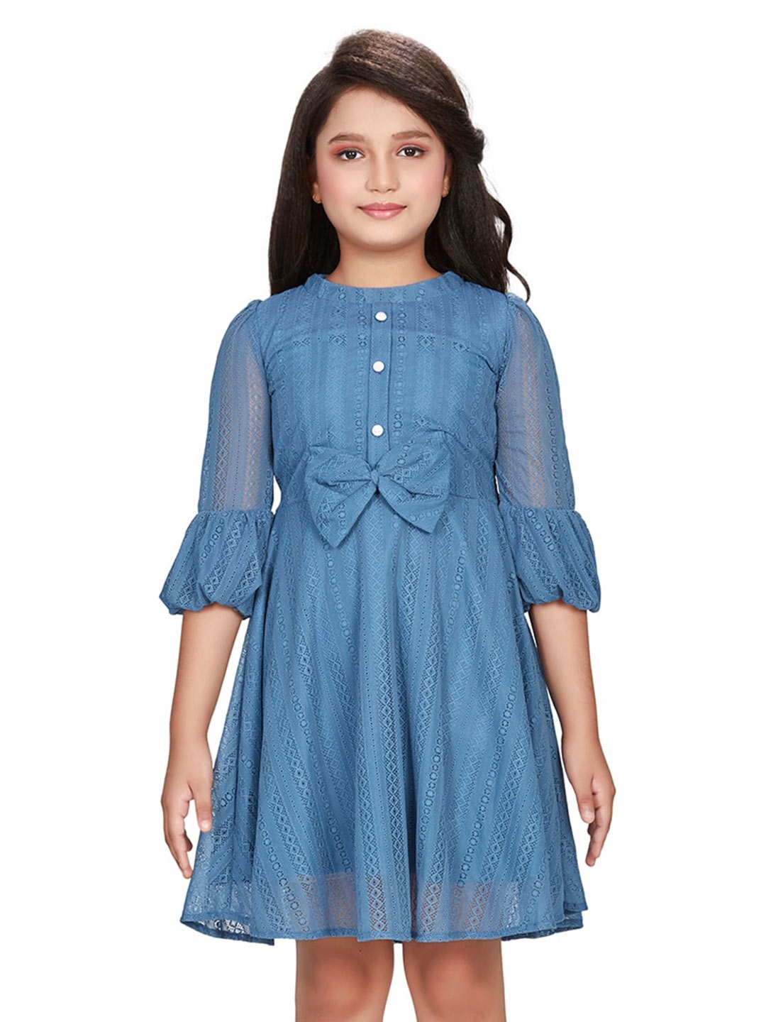 

Peppermint Self Design Lace Up Detail Bell Sleeves Net Fit & Flare Dress, Teal